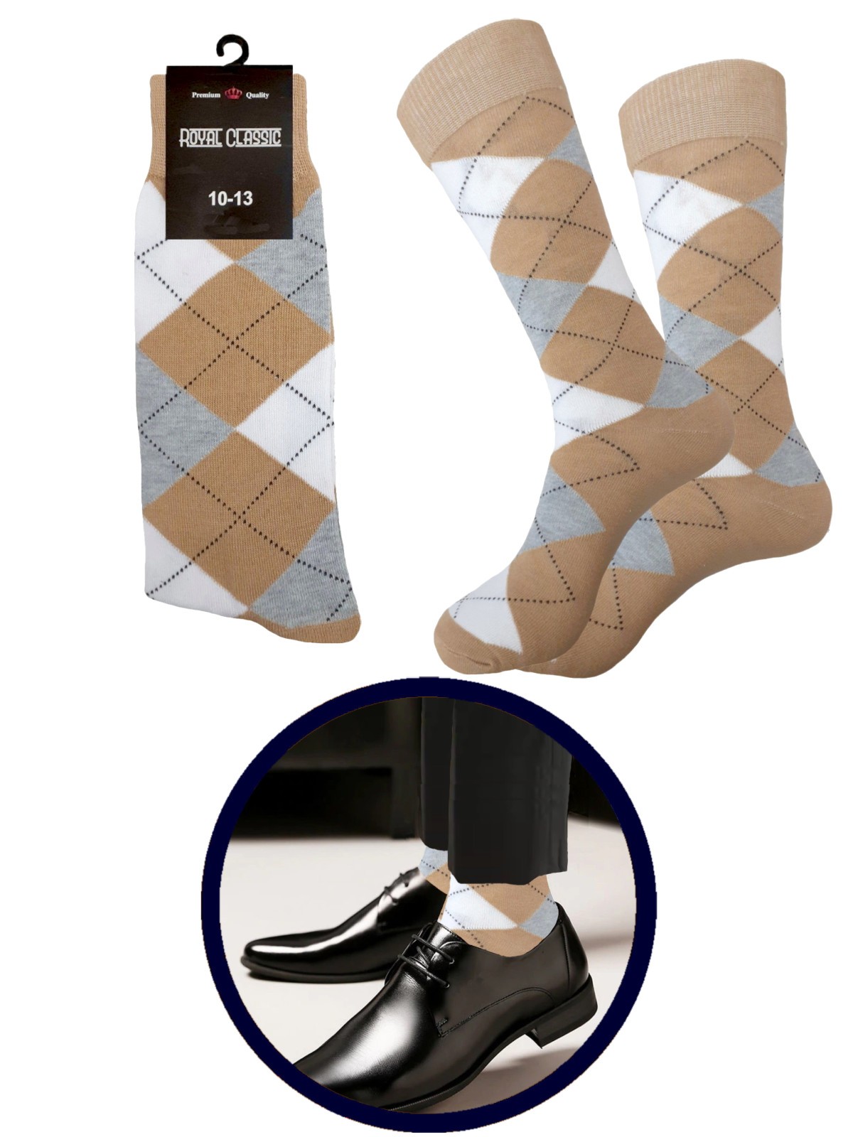 12-6-3-1 Dress Socks Argyle Diamond BEIGE WHITE GRAY COTTON Socks TRUE TO SIZE