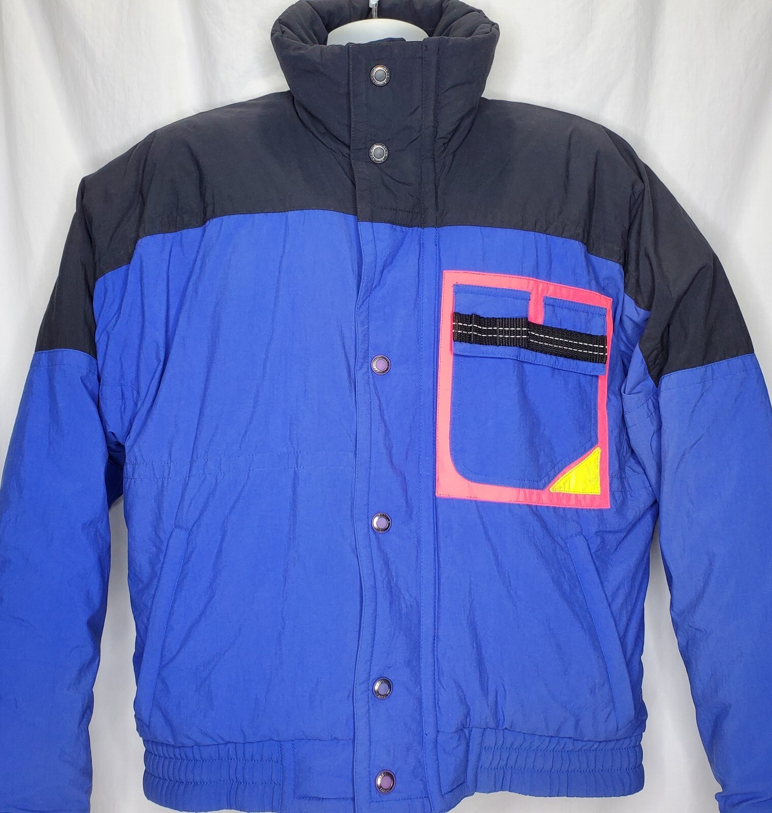 Vtg Profile Ski Jacket Black Neon Blue Pink Yellow Winter Coat Snap Zip Medium