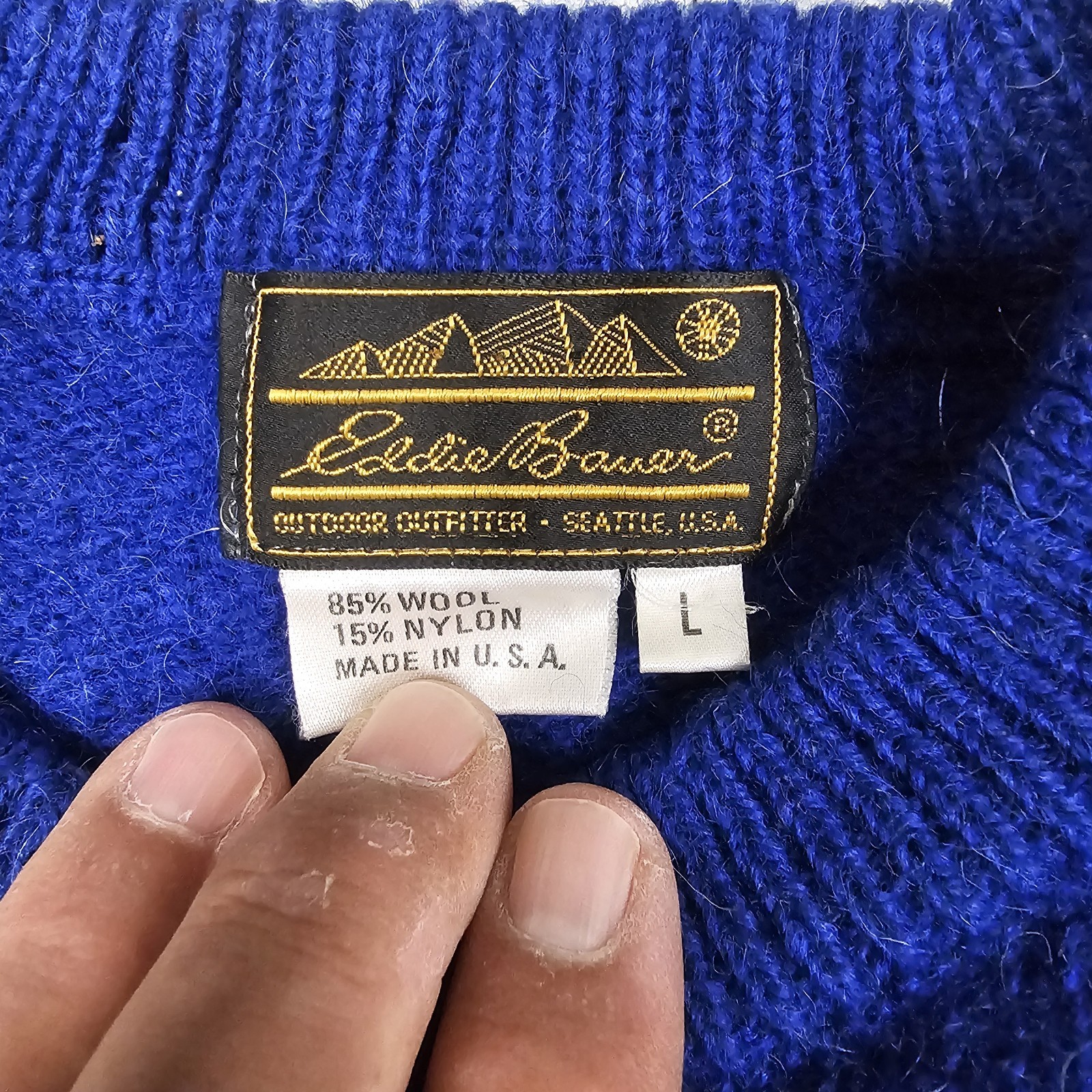 Vintage Eddie Bauer Sweater Large Blue Crew Neck Wool USA Fisherman 70s Preppy