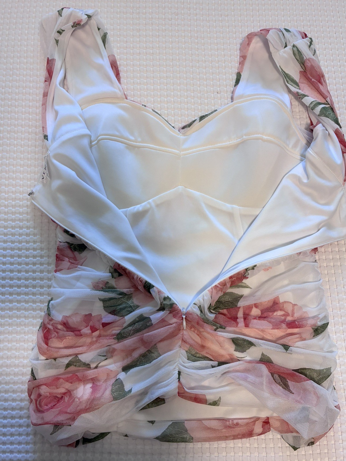 Venus Floral Mesh Ruched Sweetheart Neckline Top Pink Rose Sleeveless Blouse L