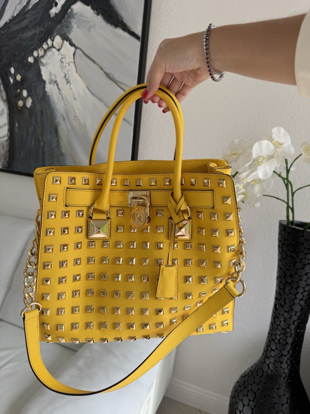 Michael Kors Yellow Studded Satchel Top Handle Bag w/ Lock