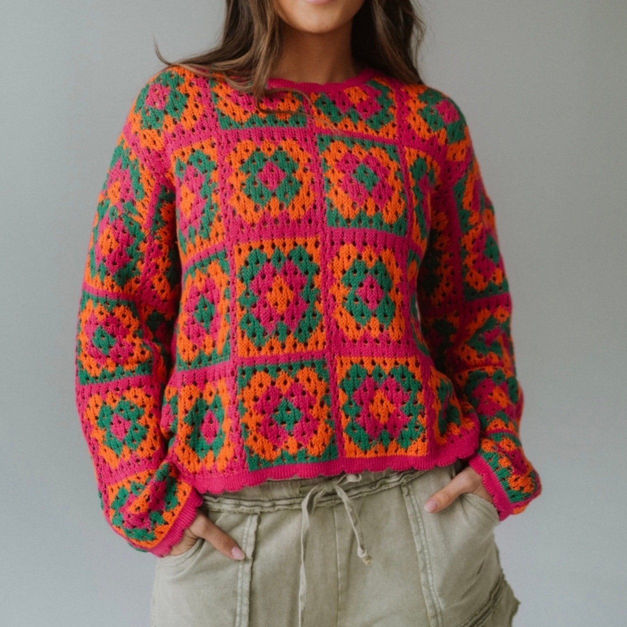 Davi & Dani Sweater 3XL Womens Crochet Knit Granny Square Relaxed Pink Cotton