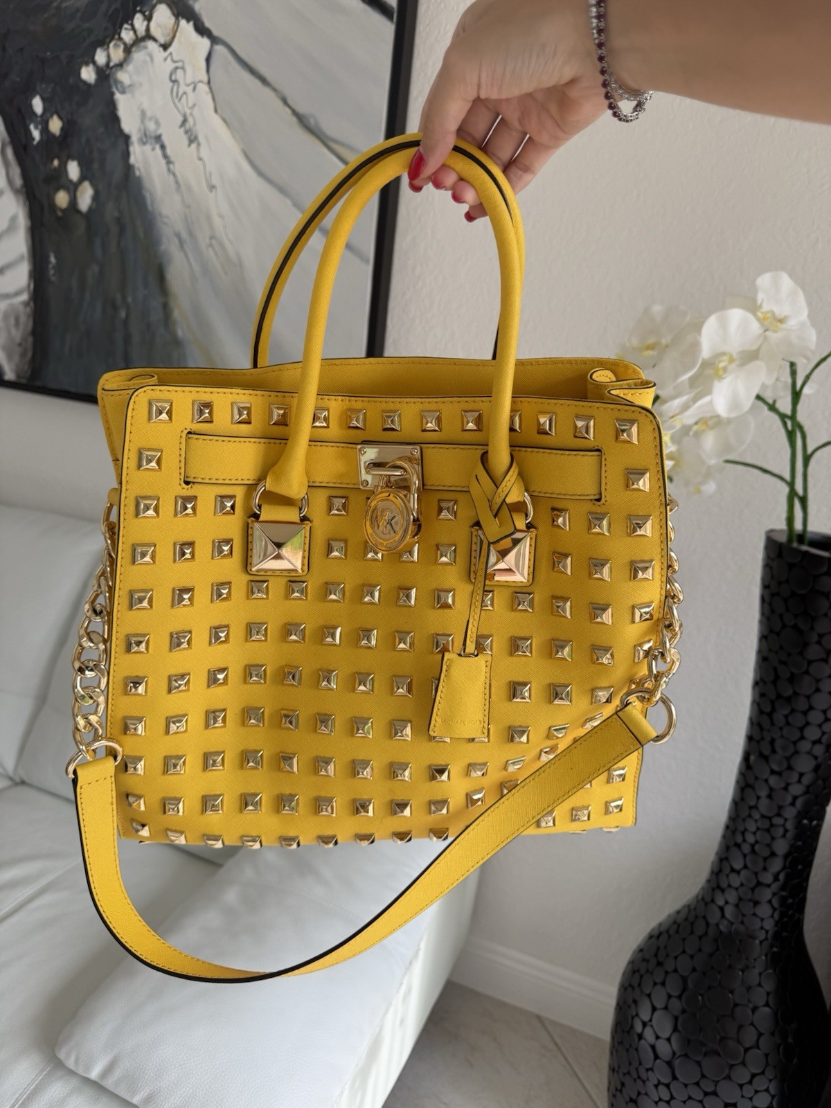 Michael Kors Yellow Studded Satchel Top Handle Bag w/ Lock