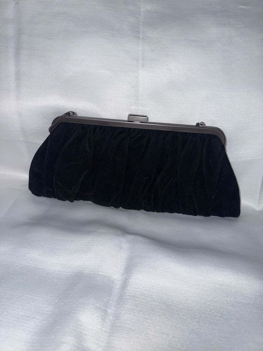 Mary Kay Pleated Black Velvet Evening Clutch with Silver Tone Frame and Chain