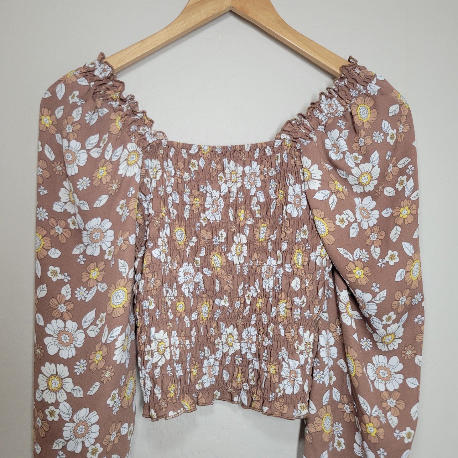 Hesperus Smocked Tube Top Long Sleeve Brown Floral Blouse Size S Boho Cowgirl