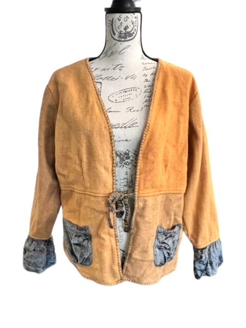 April Cornell Vintage Wool Boho Jacket Velvet Ruffles Sleeves Size Medium Tan
