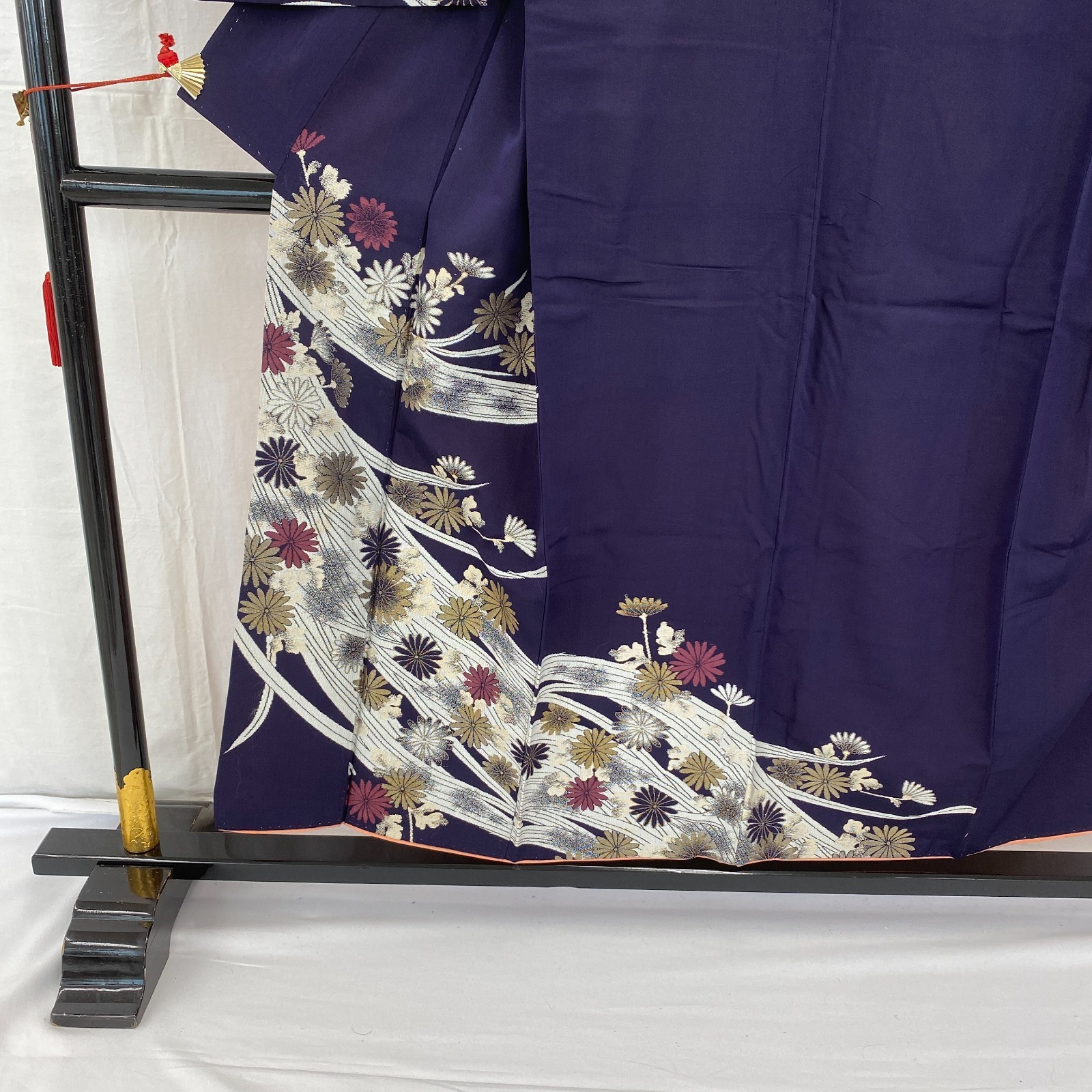 Japanese Vintage Kimono Polyester Navy Komon Traditional Authentic Length 58in