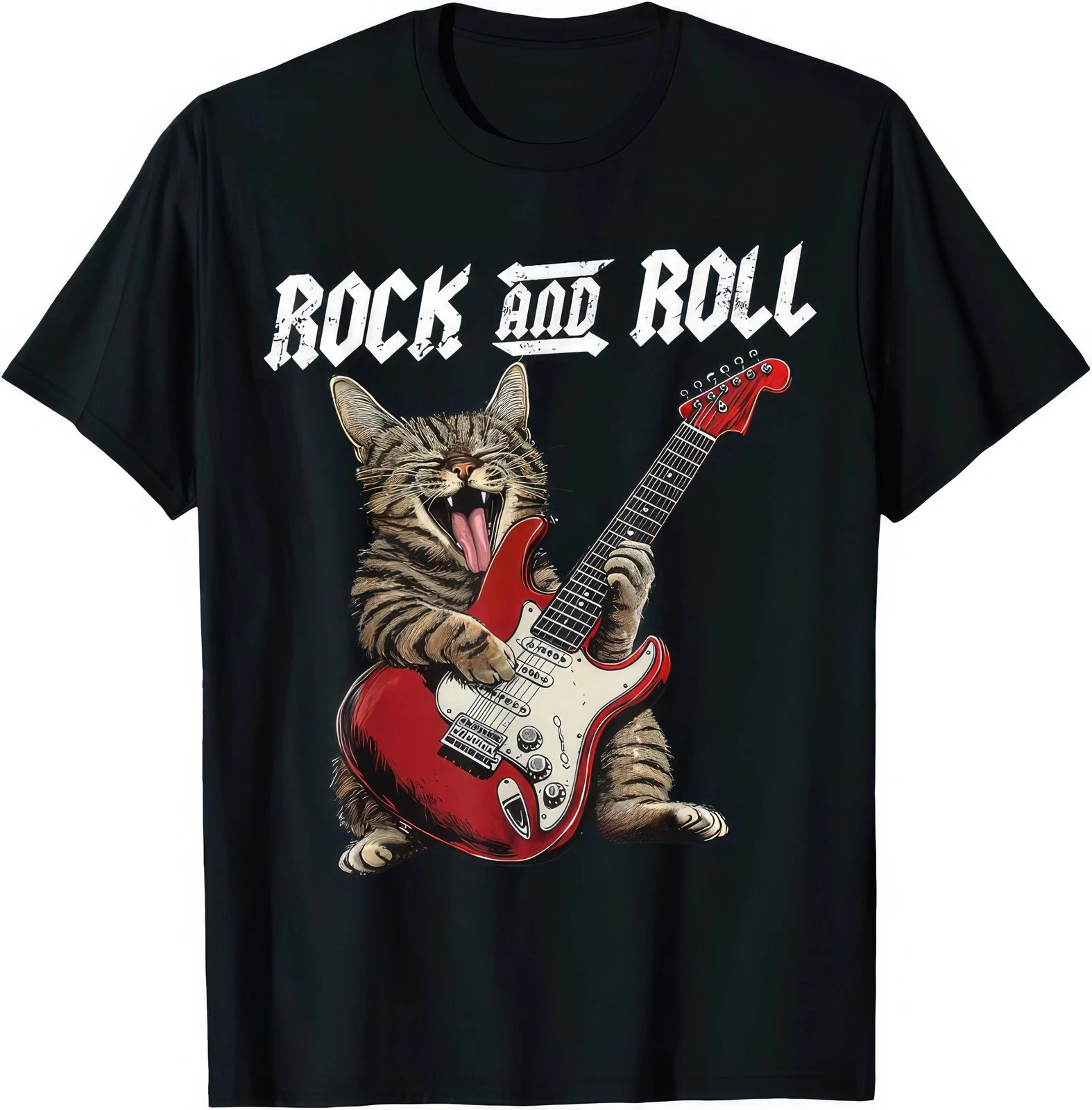 Rock Roll Cat Playing Guitar T Shirt Funny Music Lover Band Graphic Tee