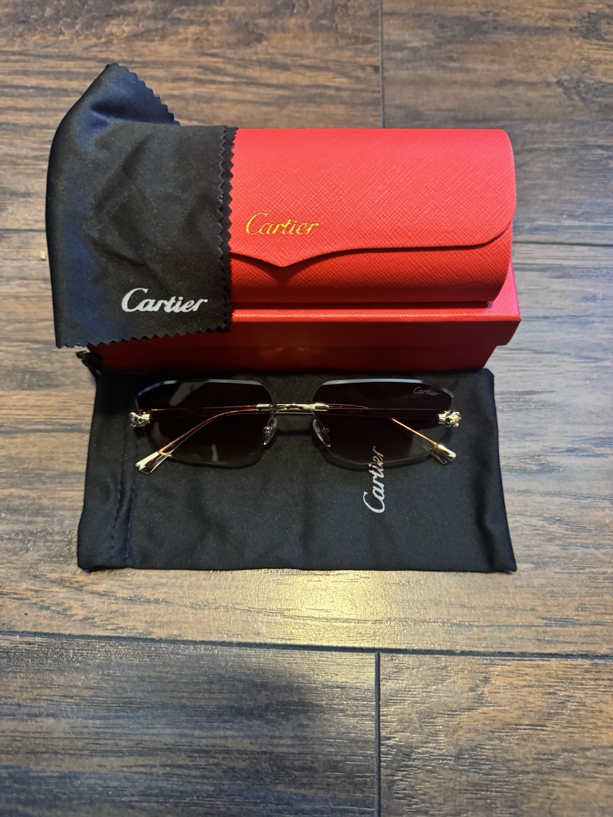 Cartier Rimless Rectangle Sunglasses Gold Metal Frame Red Tinted Lens w/Case