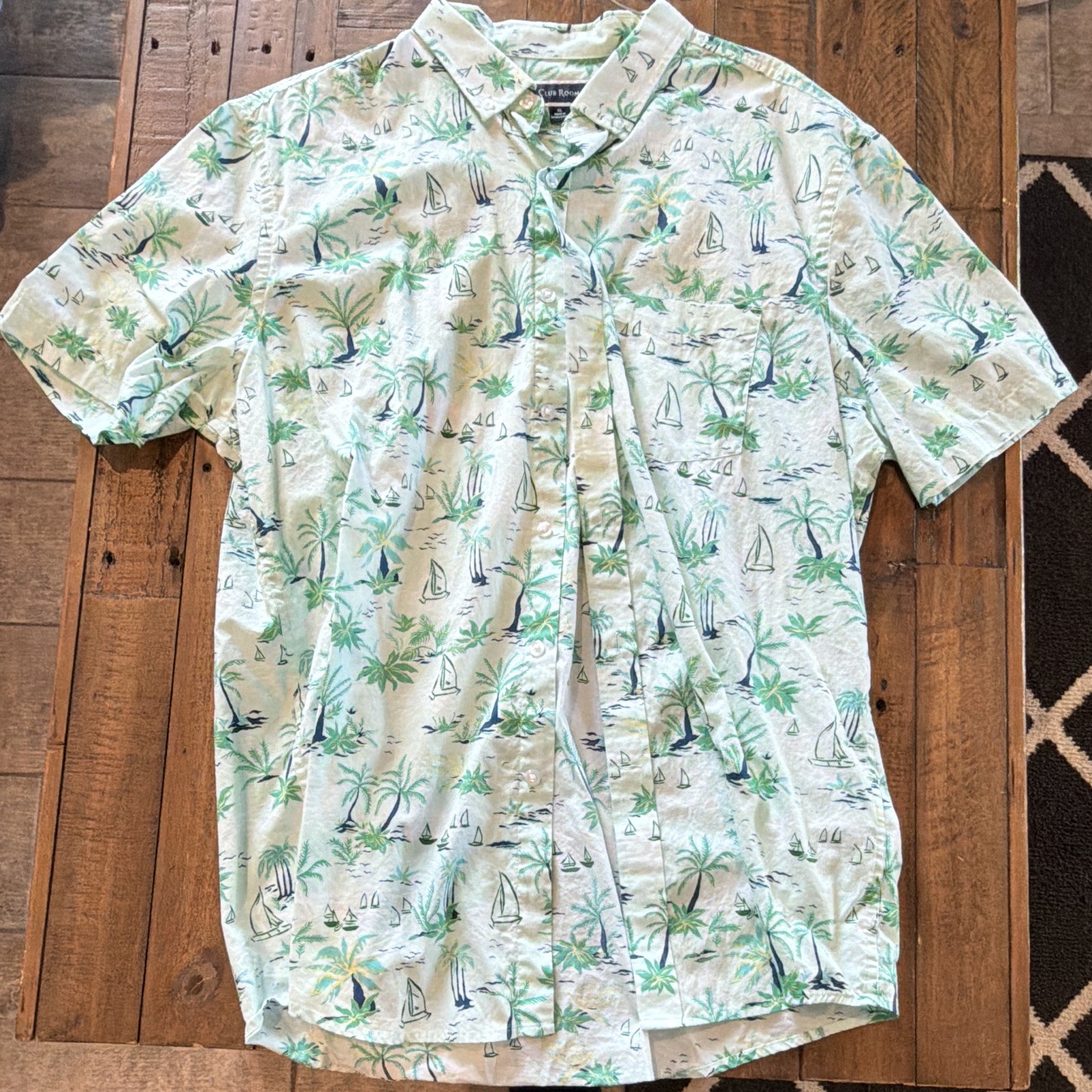 Club Room Men’s Light Blue/Green/White Tropical Floral Woven SS Pockets XL