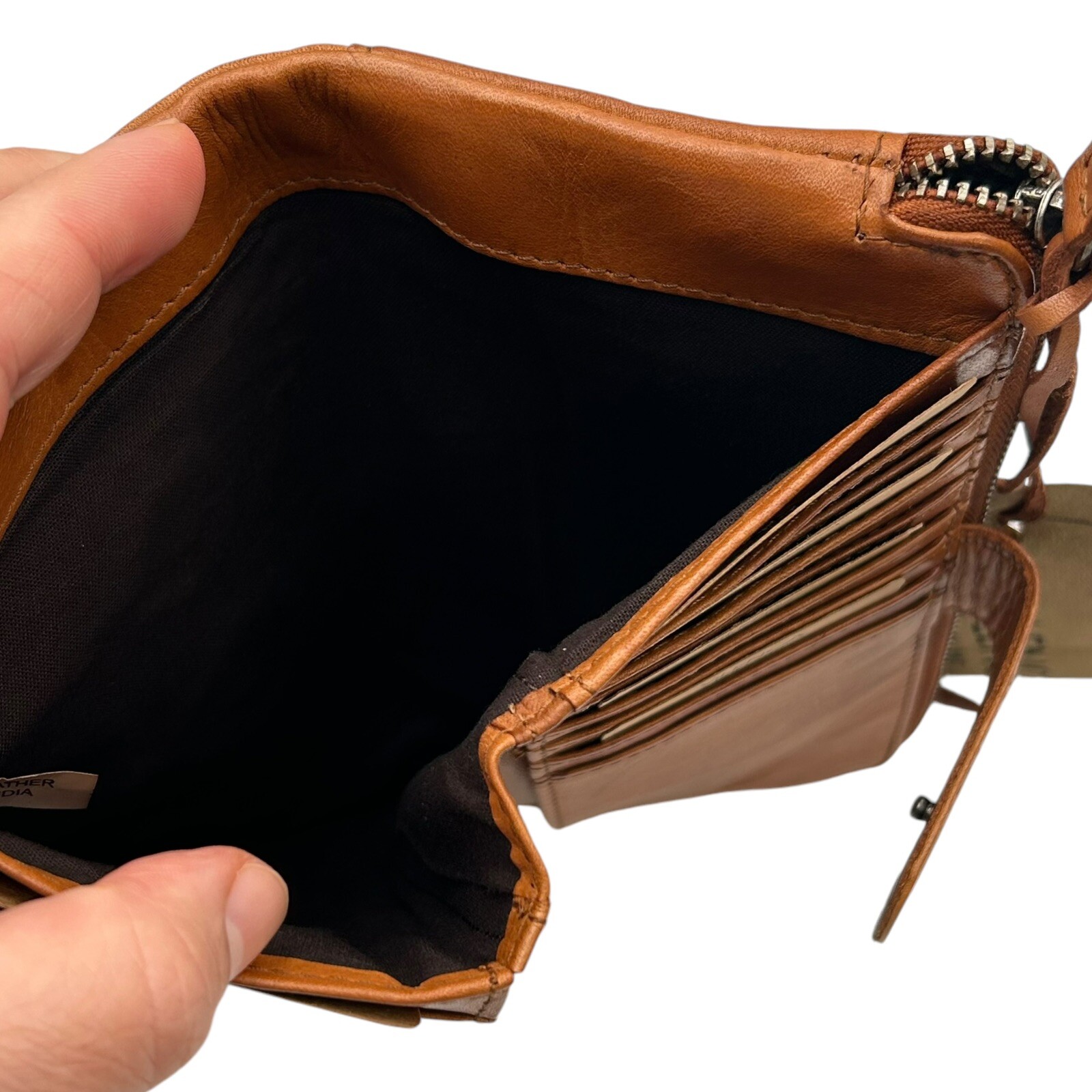 VILENCA Women’s Leather Flap Wallet With Circular Details Brown Metal Accents