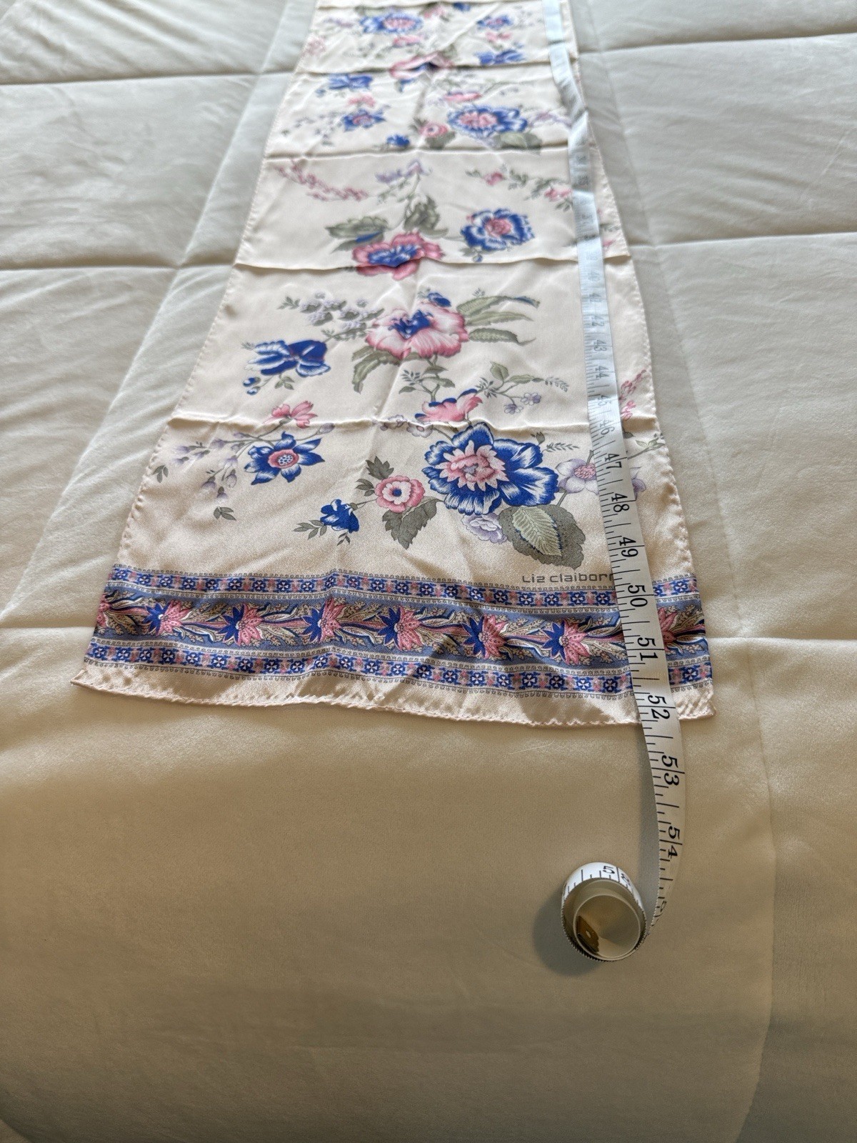 Liz Claiborne Floral Silk Satin Rectangle Scarf Ivory Pink Blue Green 52″ x 10″