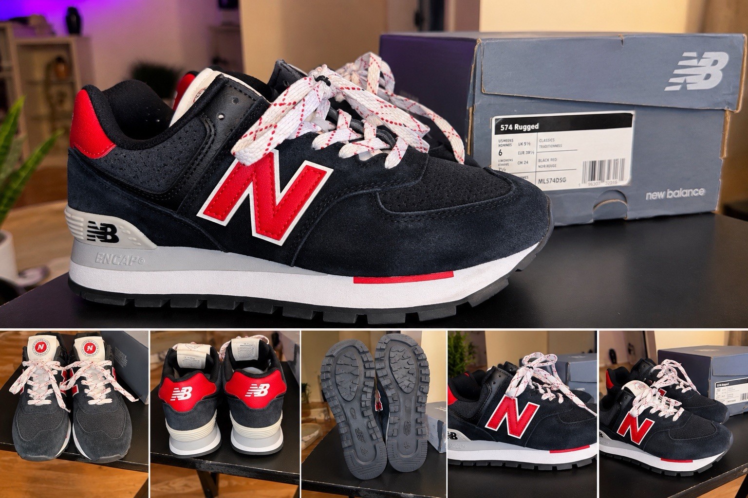 New Balance 574 Rugged ML574DSG Black Red Suede Sneakers Worn Once w/ Box
