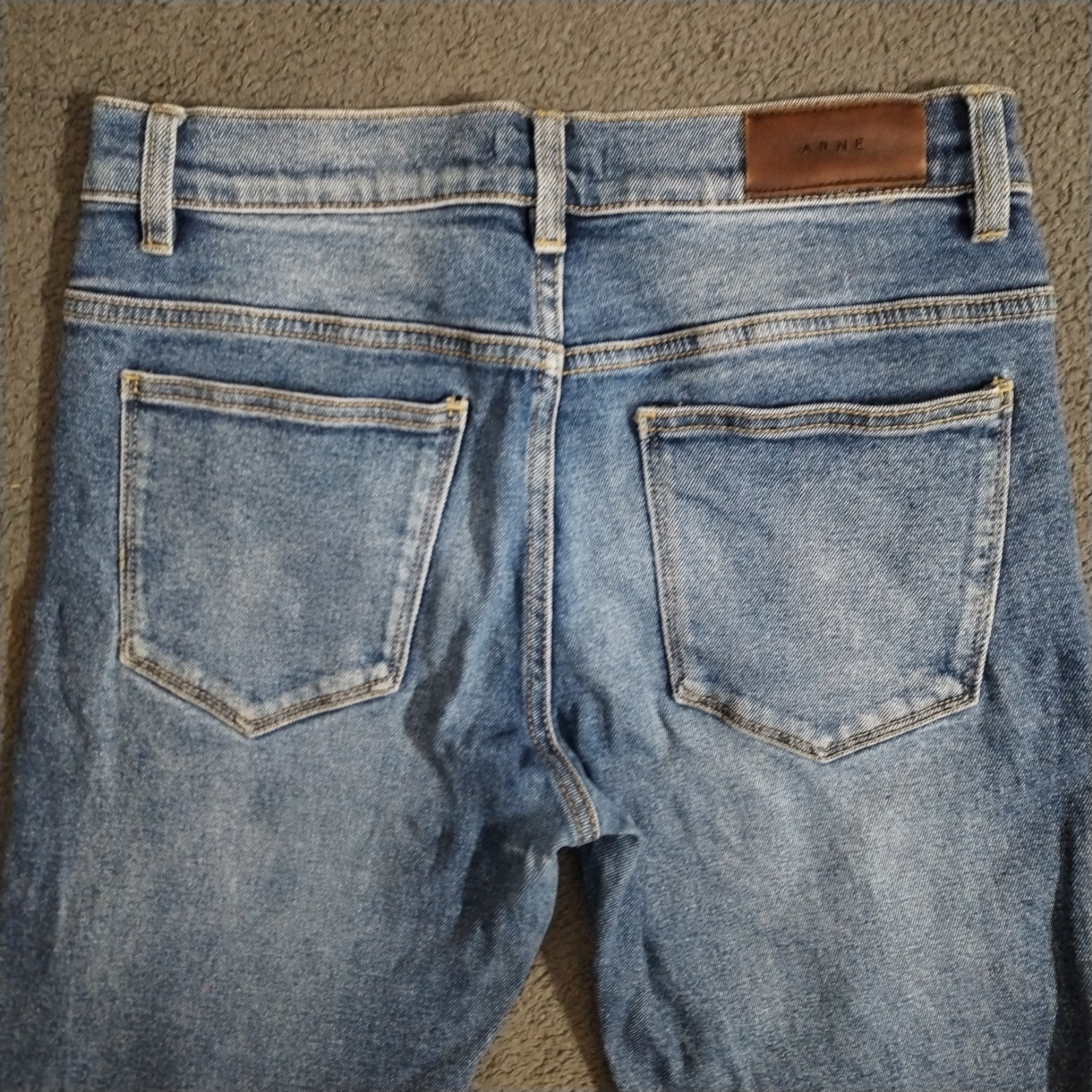 Arne Jeans Mens 30×30 Regular Blue Denim Slim Stretch Whisker Leather Logo Fade