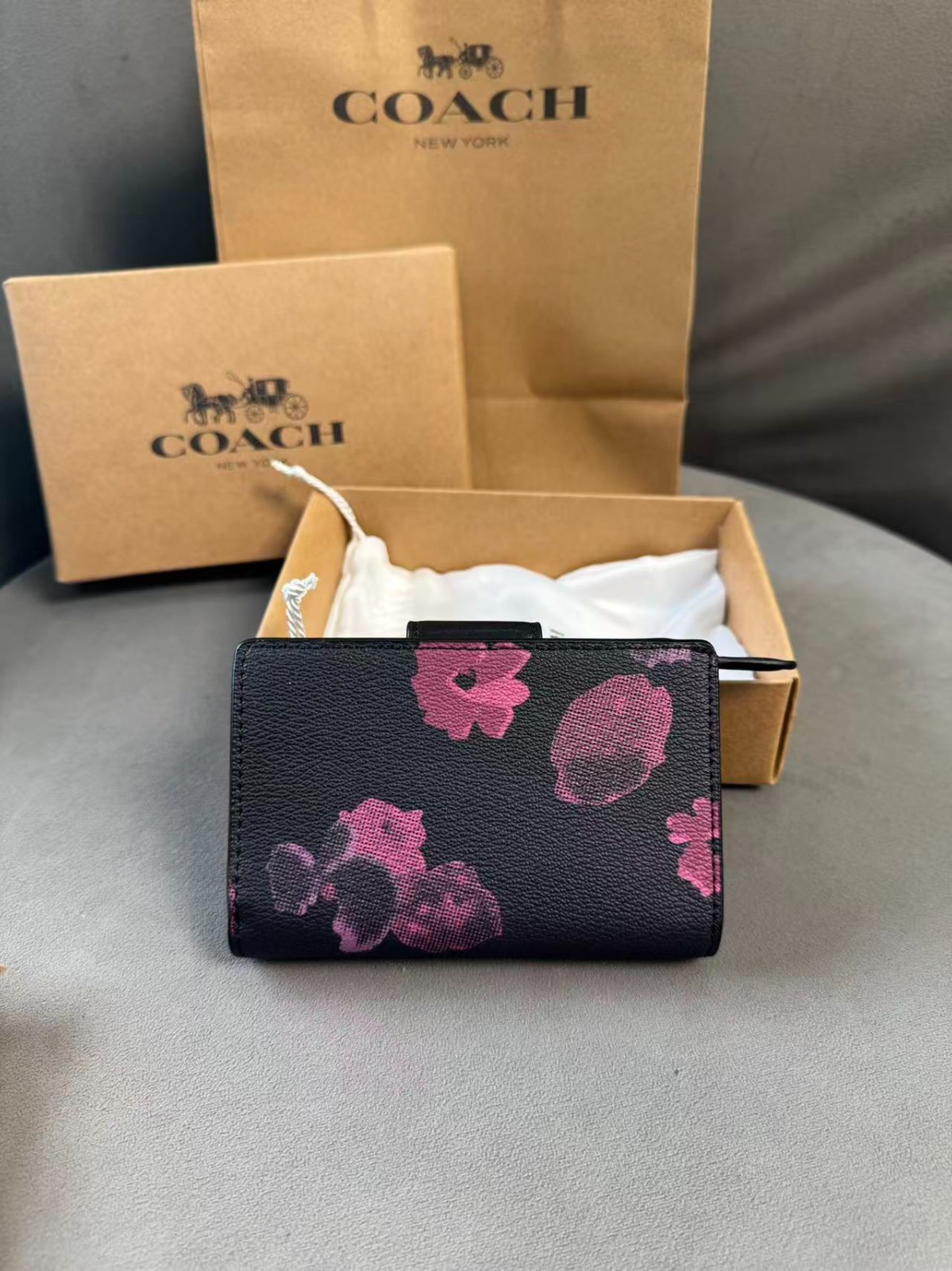 NWT Coach Medium Corner Zip Wallet With Floral Print Black/Pink/Purple