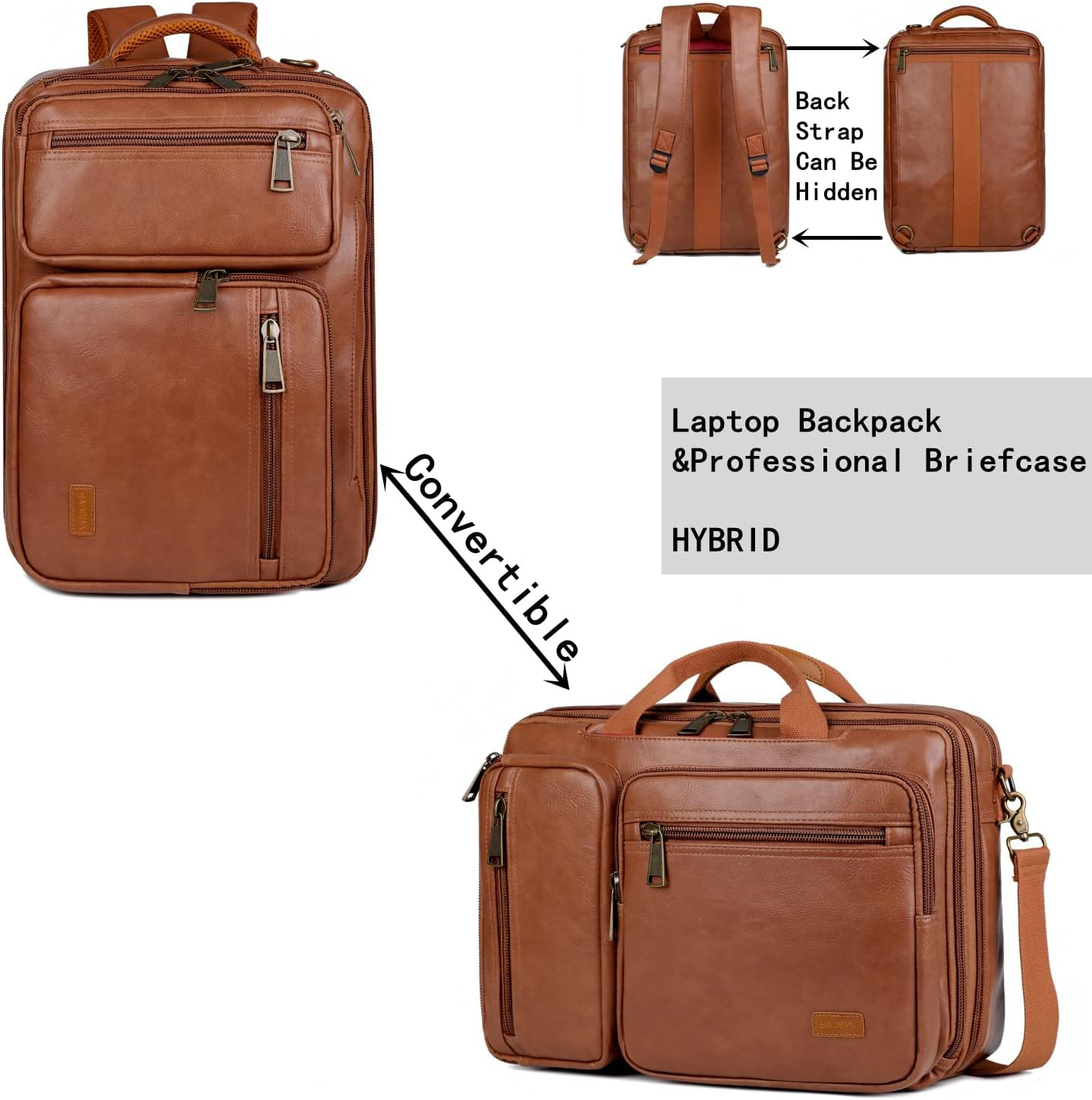 Vegan Leather 15.6 Laptop Backpack Briefcase Hybrid Travel Work Bag Brown