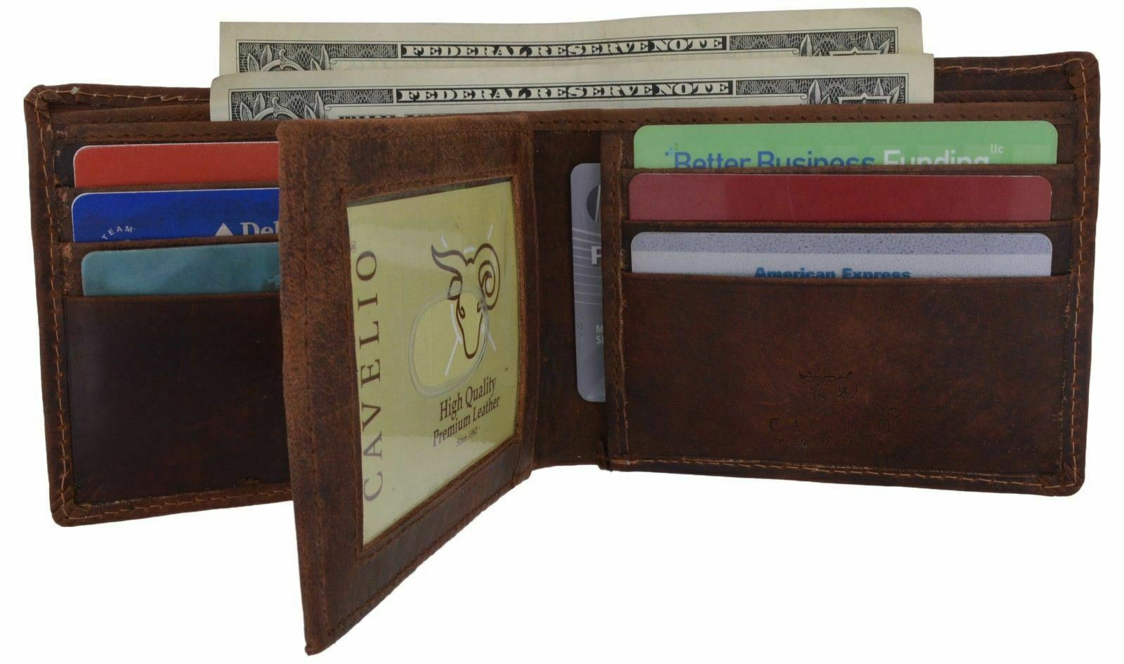Cavelio Bifold Mens Premium Leather Center Flap ID Card Holder Wallet Gift Box