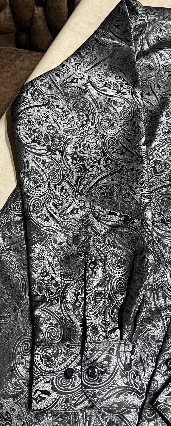 Barry Wang Men’s Black & Gray Paisley Silk Button Down Front Dress Shirt Sz M