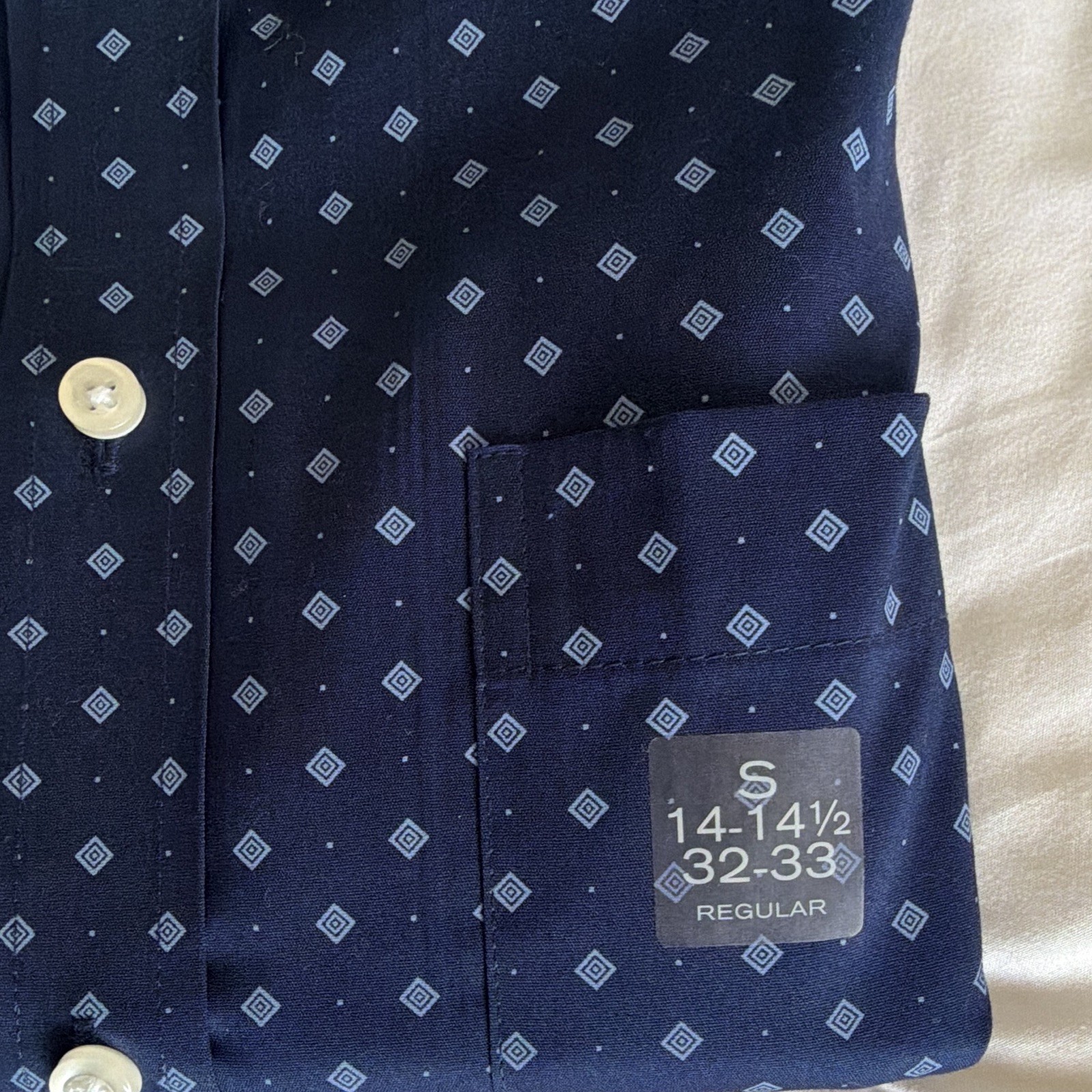 Stafford Smart Tech Geometric Dress Shirt Navy Blue Regular Fit 14-14.5 32/33