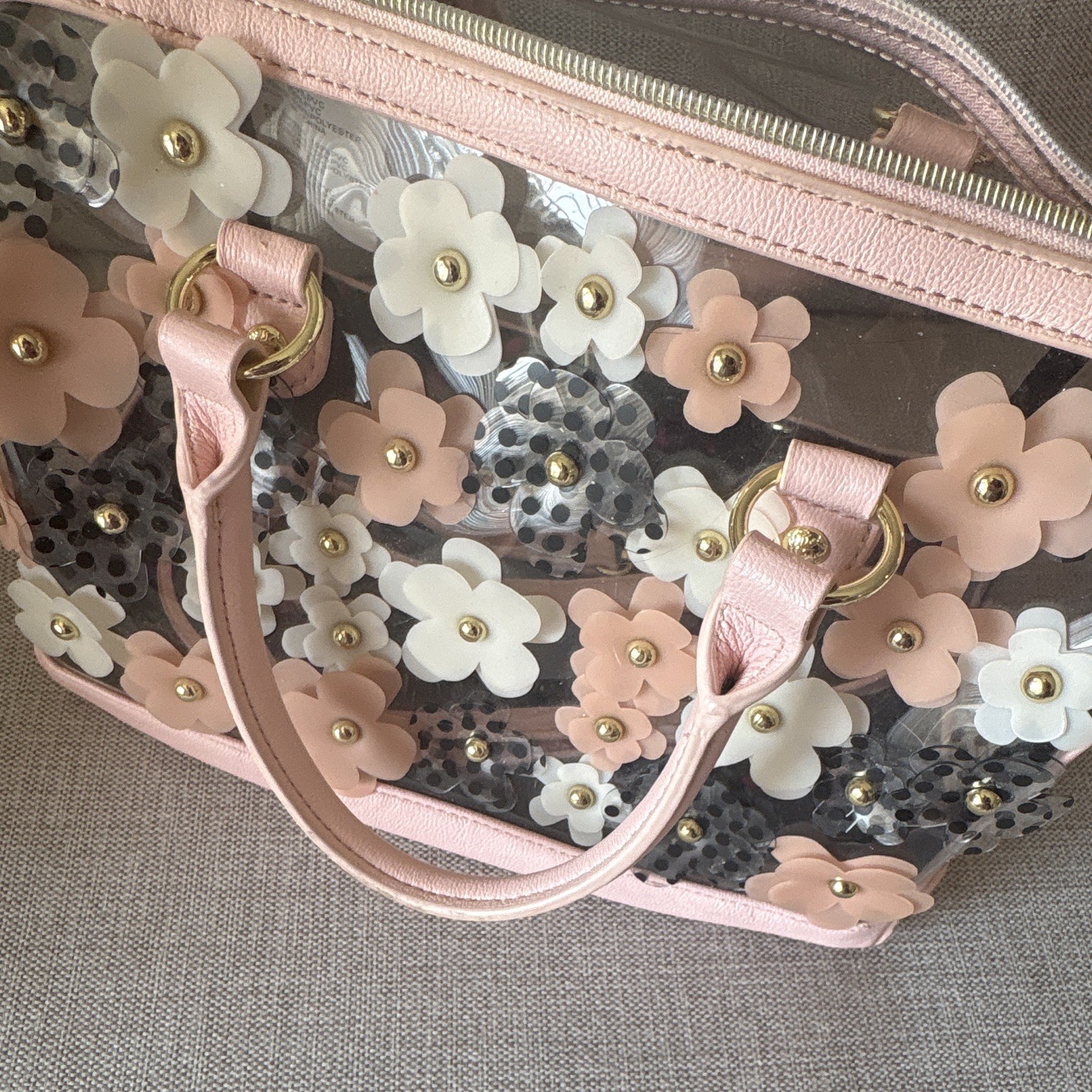 Betsey Johnson Clear Pink Floral Sequin 3D Flower Satchel Top Handle Det Strap