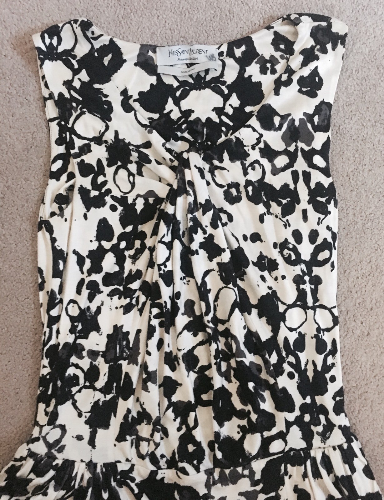 YSL Yves Saint Laurent BIack White Abstract Floral Sheath Dress Sz Small