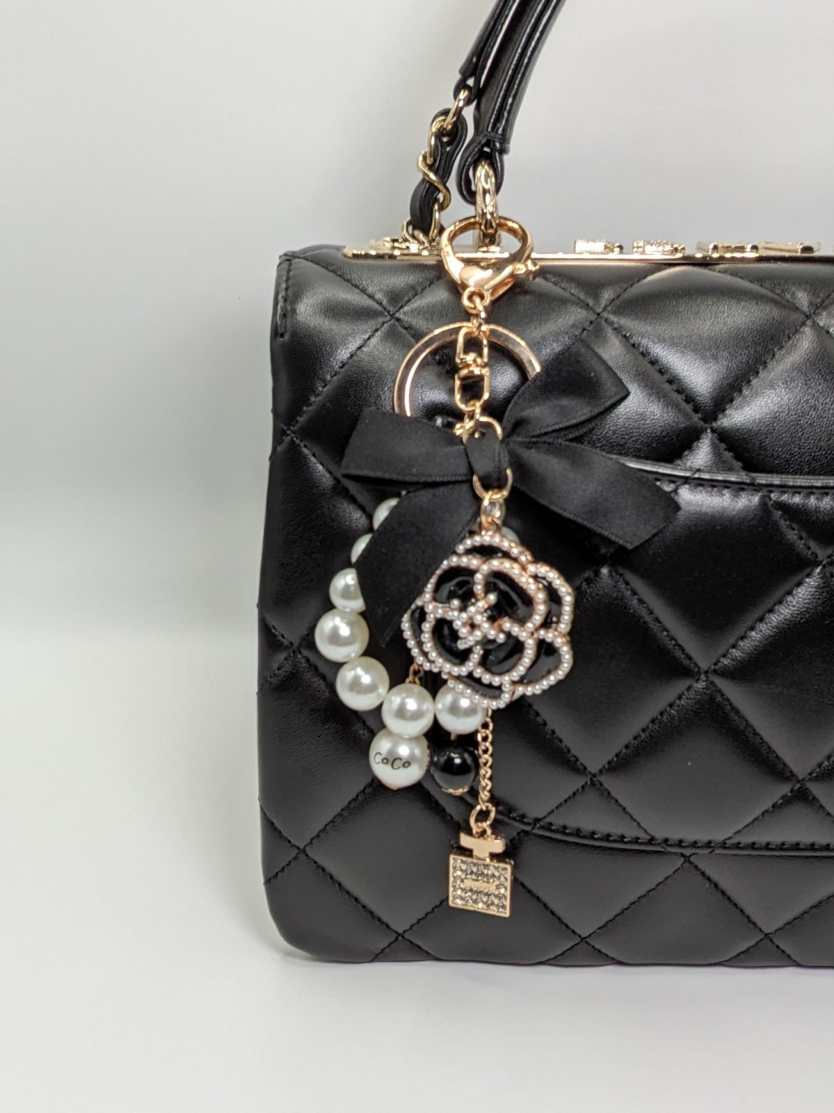 Camellia Bag Charm & Rhinestones – Black Bow & Faux Pearl | Stocking Stuffer