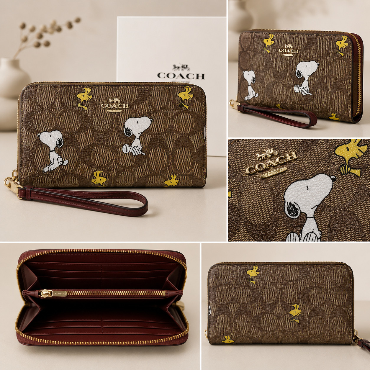COACH x PEANUTS Long Zip around Wallet Snoopy Woodstock Khaki Signature F/S
