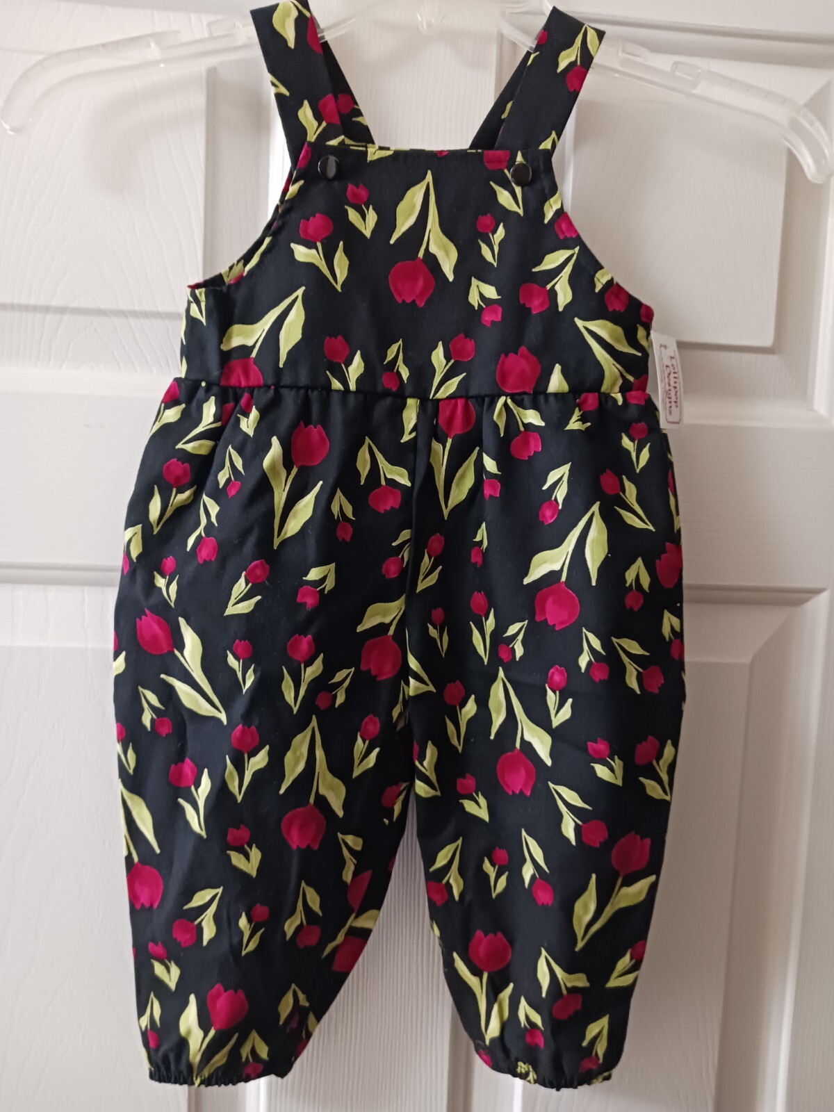 NEW! HANDMADE Boutique Infant Girl Black W/Red Tulips Overalls Size 12 Month