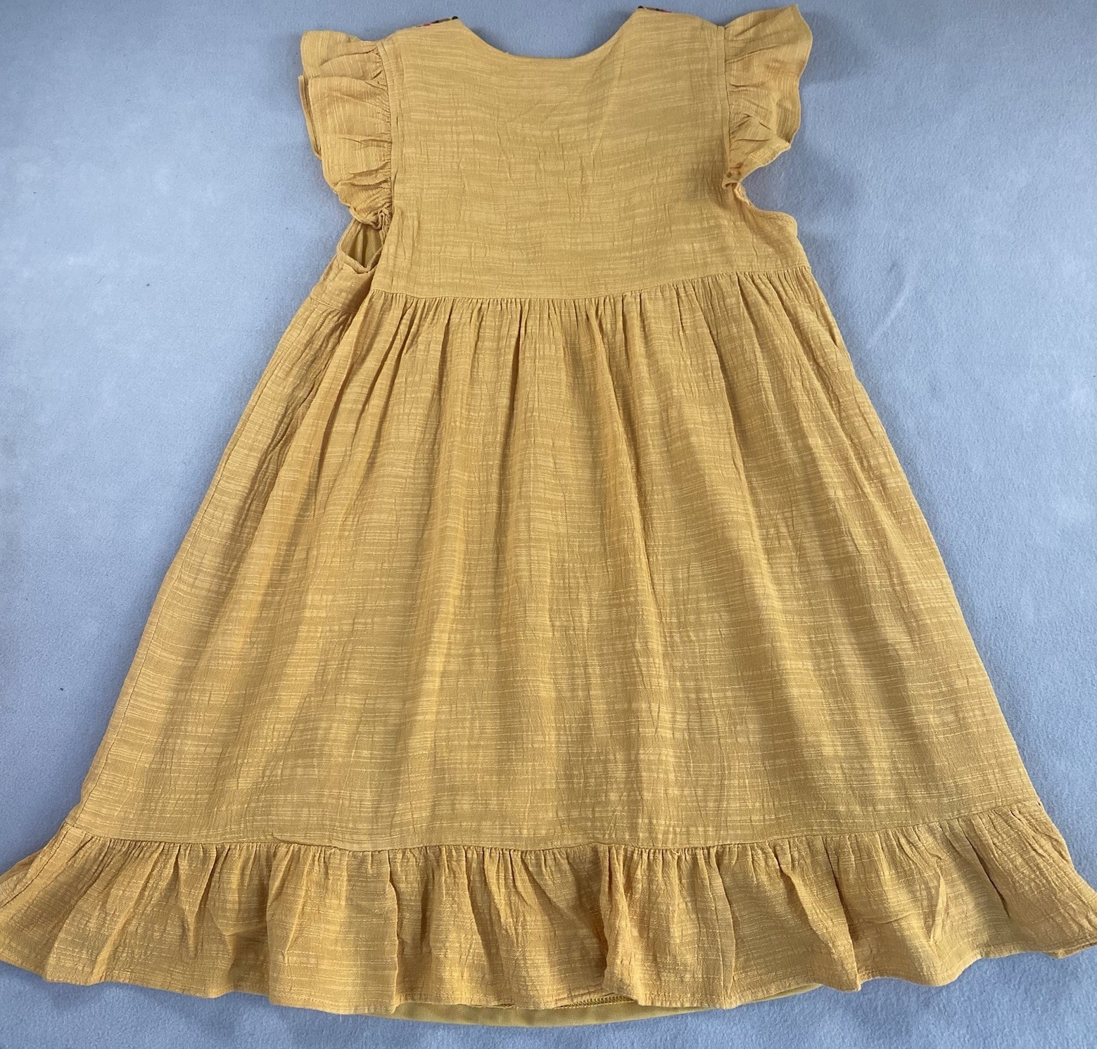 THML Sunflower Yellow Dress Small Aztec Embroidered Yoke Ruffled Cap Sleeves