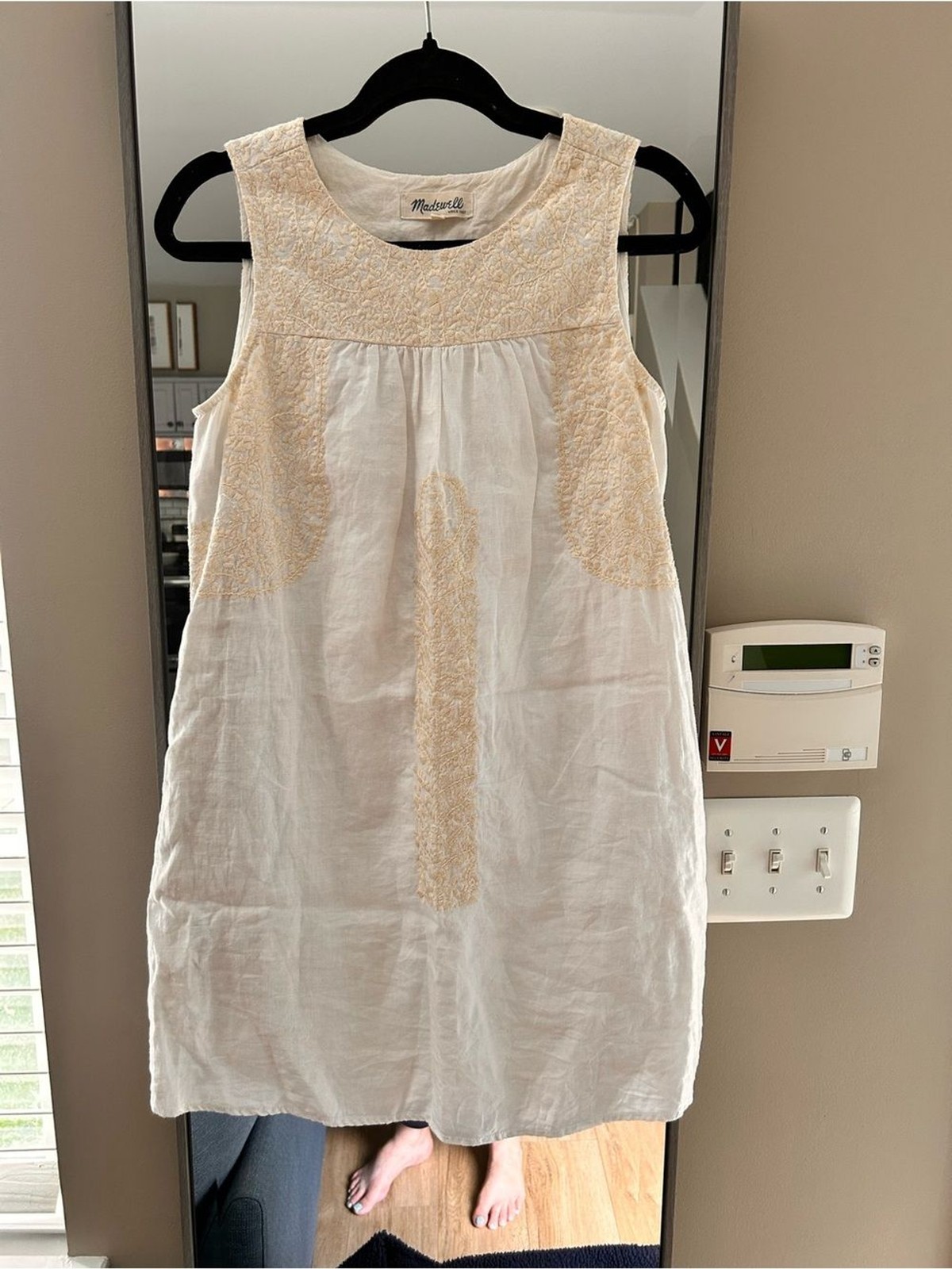 Madewell White 100% Linen Tank Dress with Light Beige Embroidery Accents