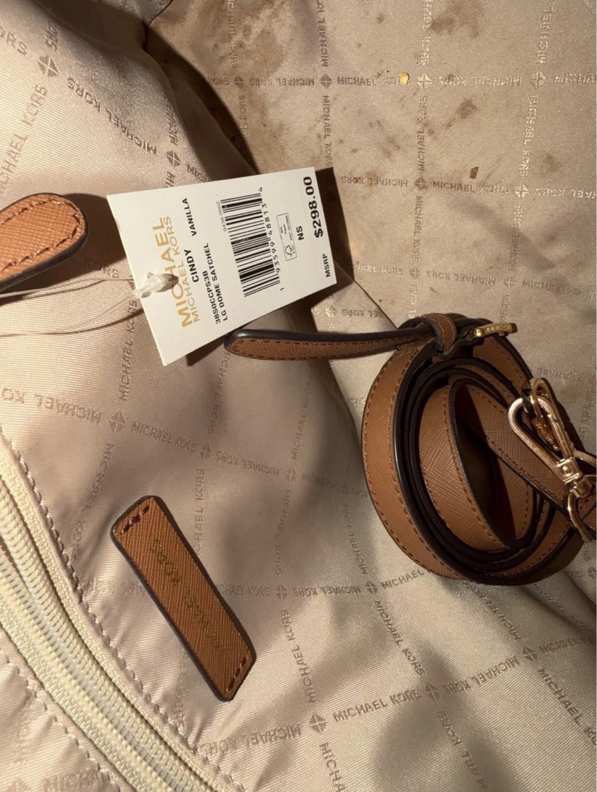 Michael Kors Signature Logo Vanilla Satchel Top Handle Zip Gold Detachable Strap