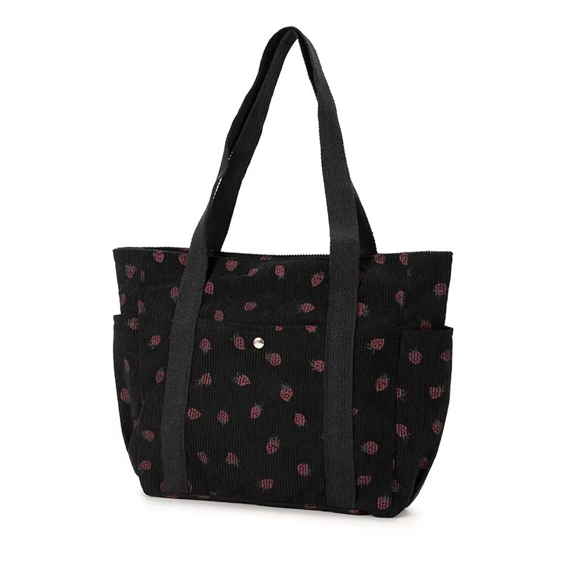 CUTE STRAWBERRY CORDUROY LARGE SHOULDER TOTE BAG WITH ZIPPER FRONT BUTTON POCKET