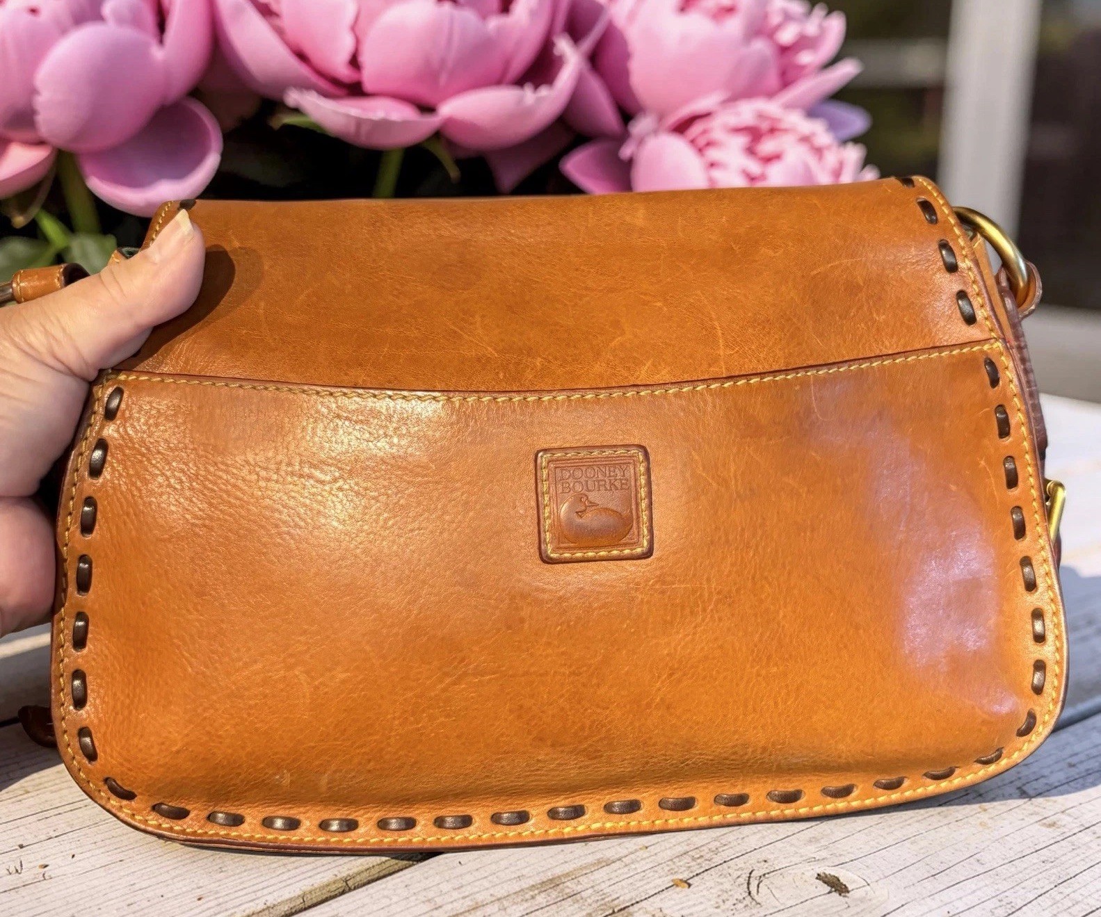 Dooney Bourke Brown Florentine Vacchetta Leather Saddle Messenger Shoulder Bag