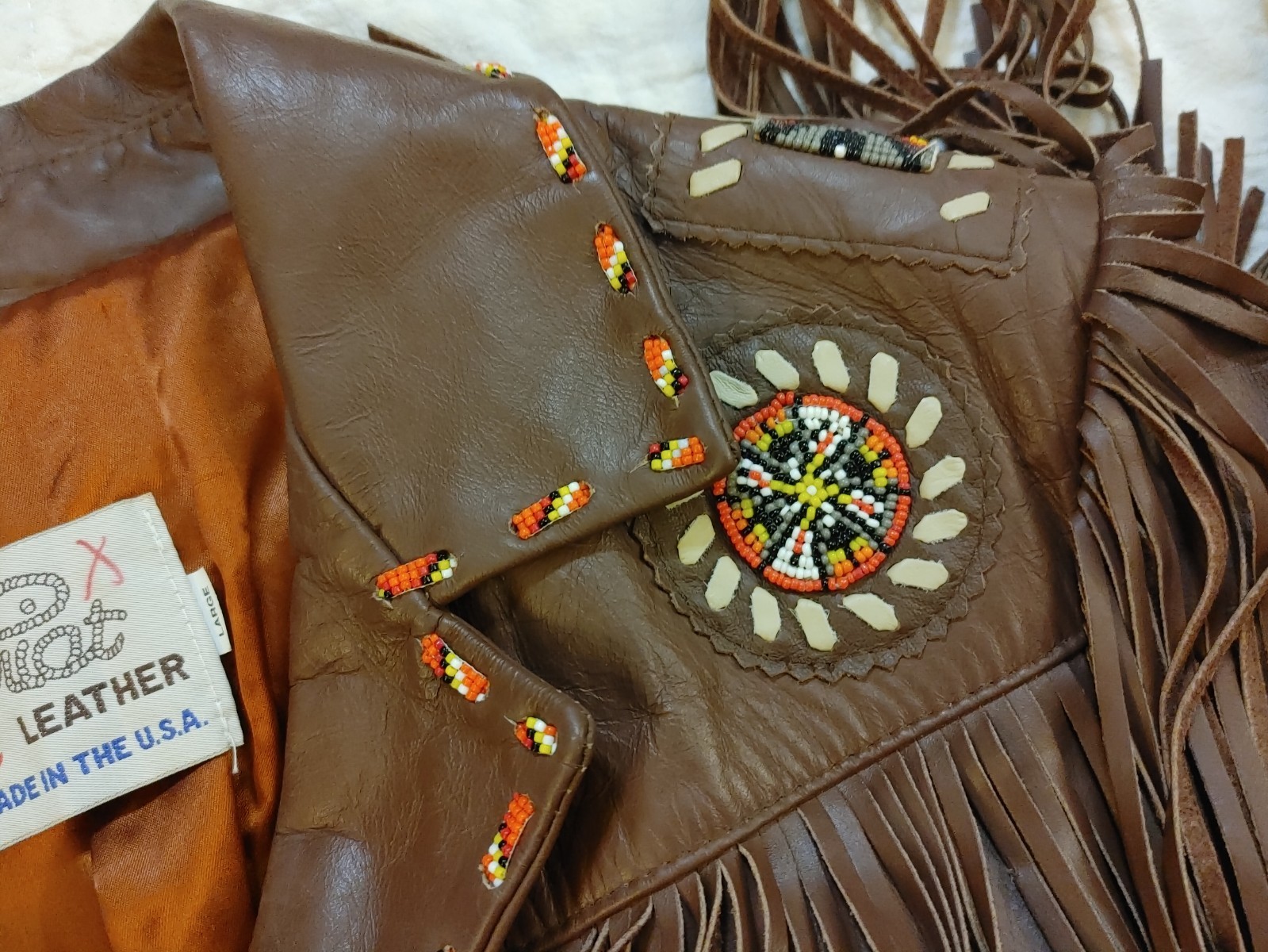 Vintage 70s Lariat Leather Fringe Jacket Beaded Western Cowboy Hippie Ranch USA