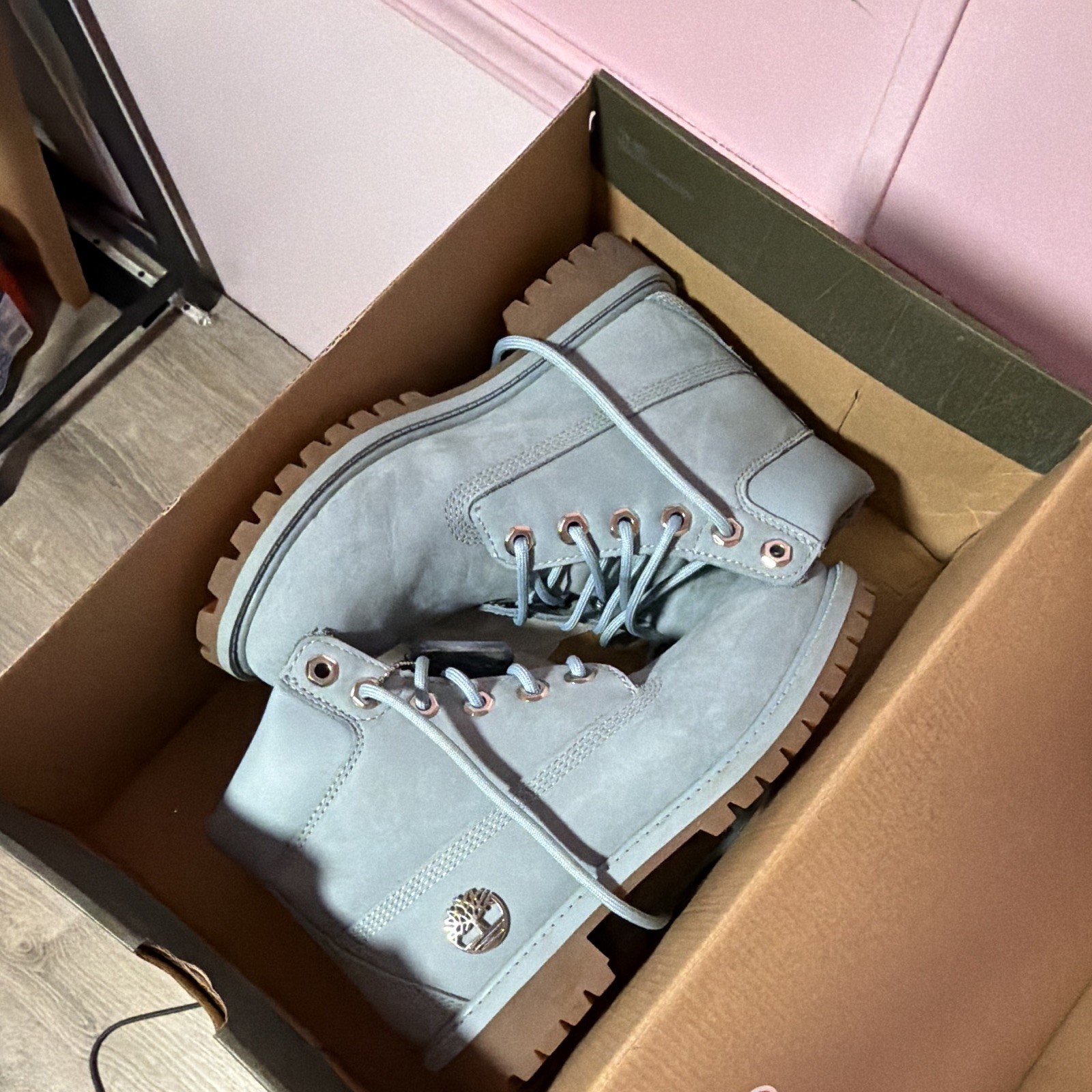 Timberland Waterproof Unisex Kids Ankle Boots 4Y Light Blue Leather Lace-Up