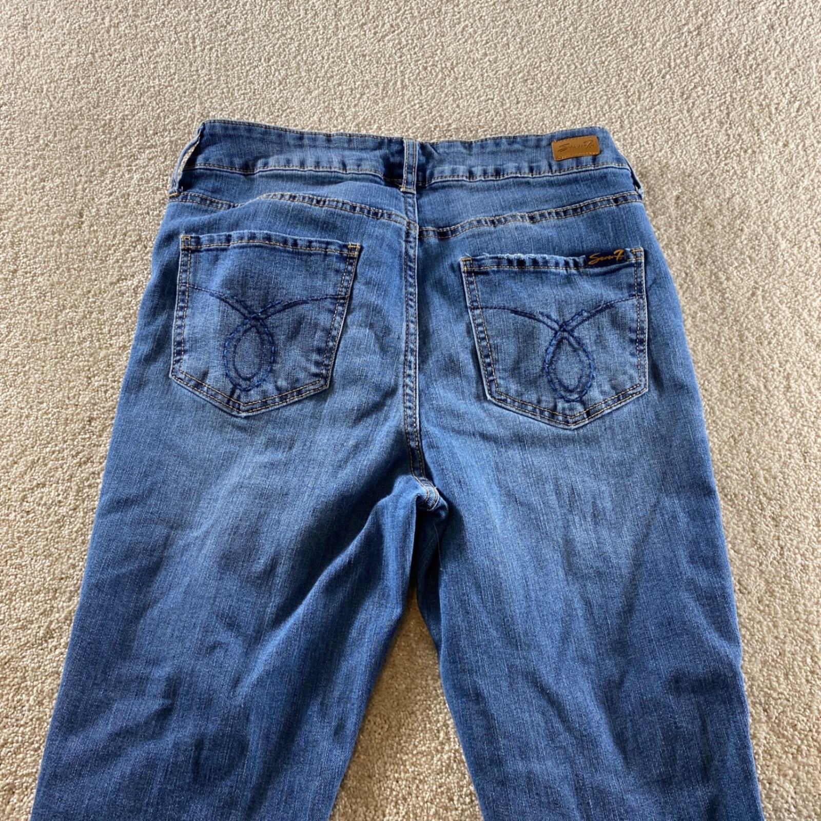 Seven7 Slim Straight Jeans Womens 8 Blue Excellent Distressed High Rise Raw Hem