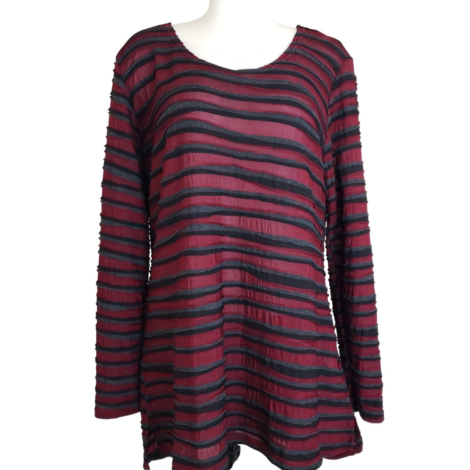 Cut Loose Womens Tunic Top Burgundy Gray Striped LS Textured Sz M semi-sheer