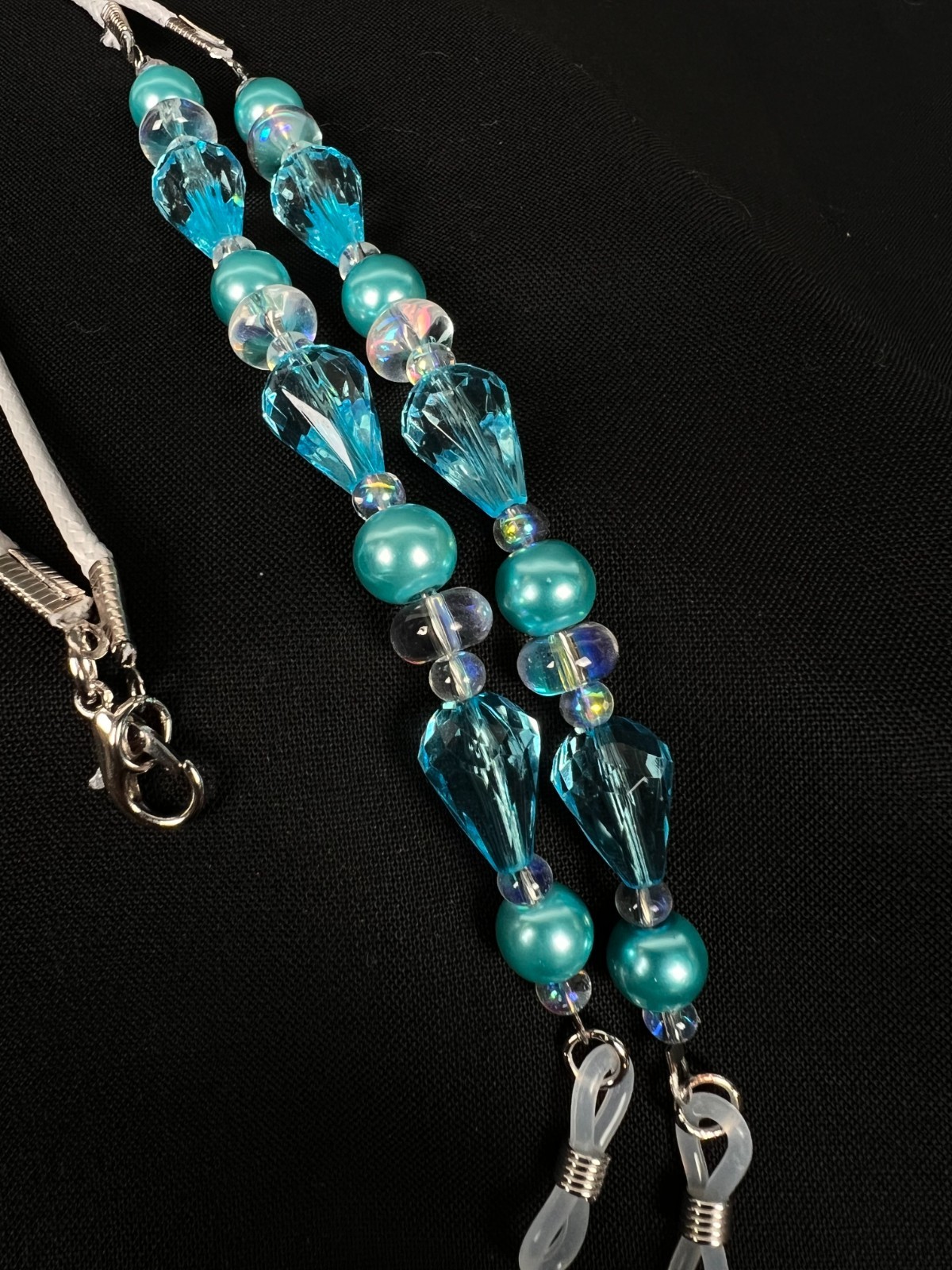 Handmade Eyeglass Chain: Crystal Glass Beads, Teal, Green, Blue, Sea Glass Look