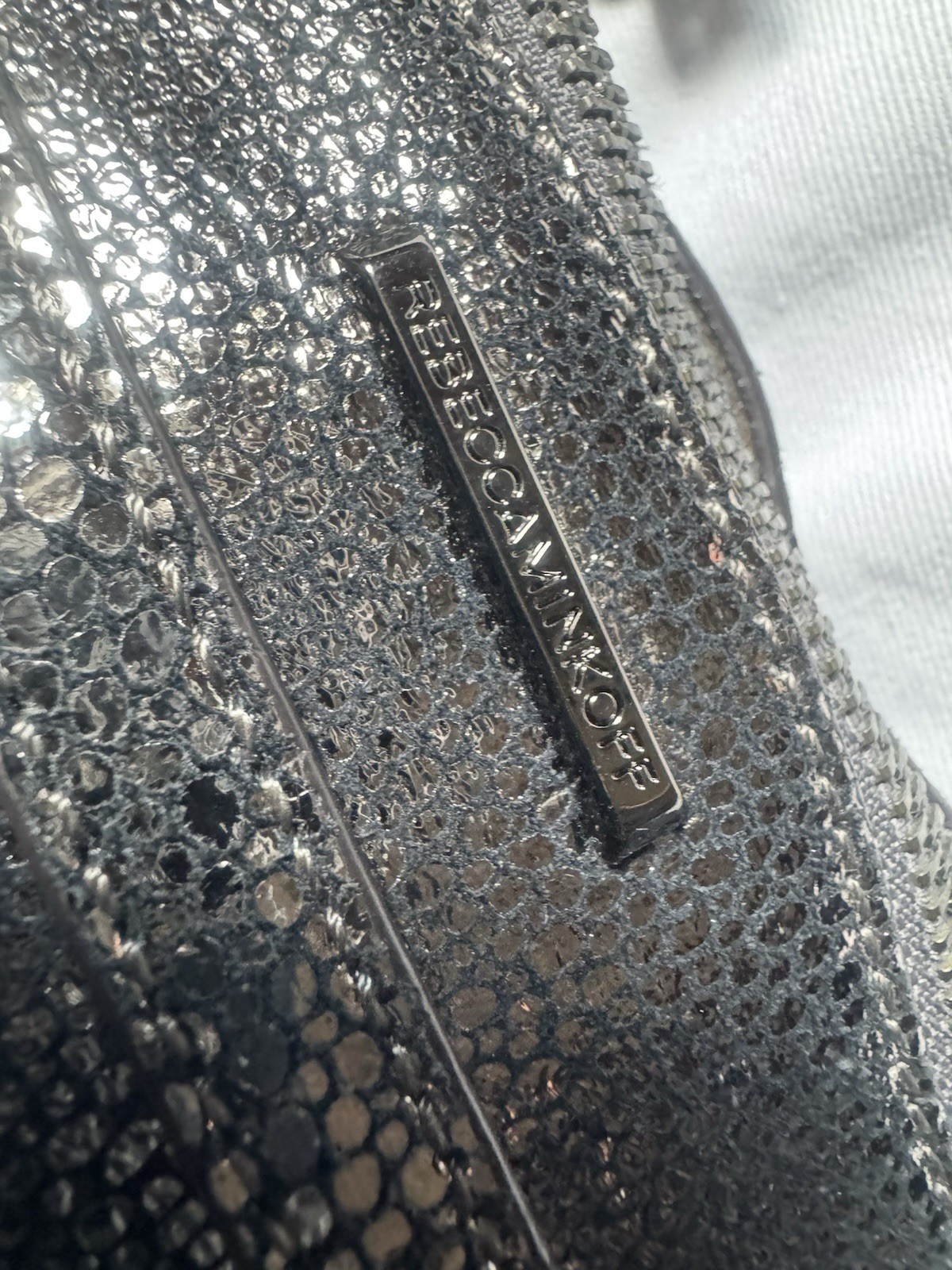 Rebecca Minkoff Mini Mac Clutch SILVER Metallic Black Hardware Crossbody 9”x7”