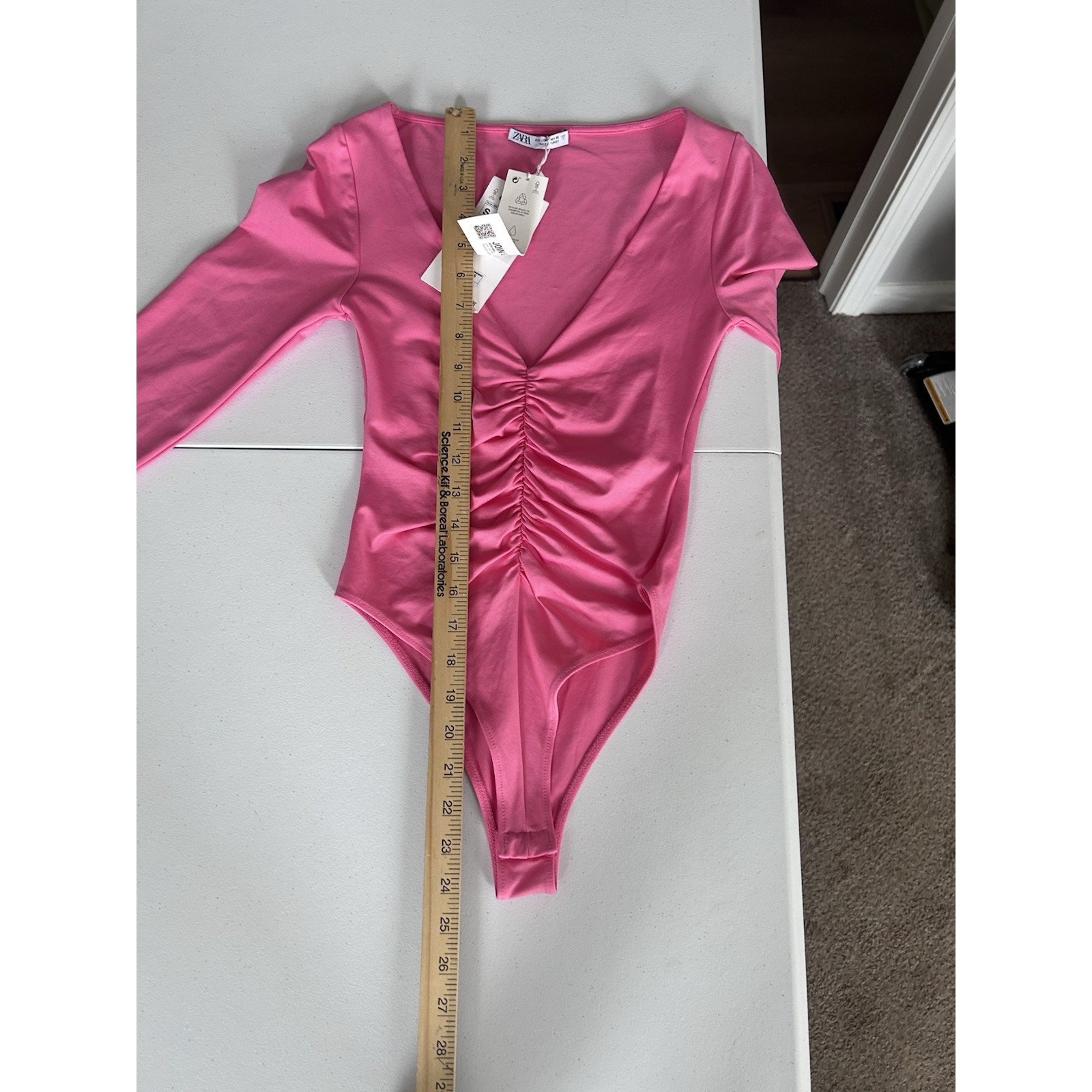 NWT Zara Ruched Effect Long Sleeve Thong Bodysuit Bright Pink Small Barbiecore