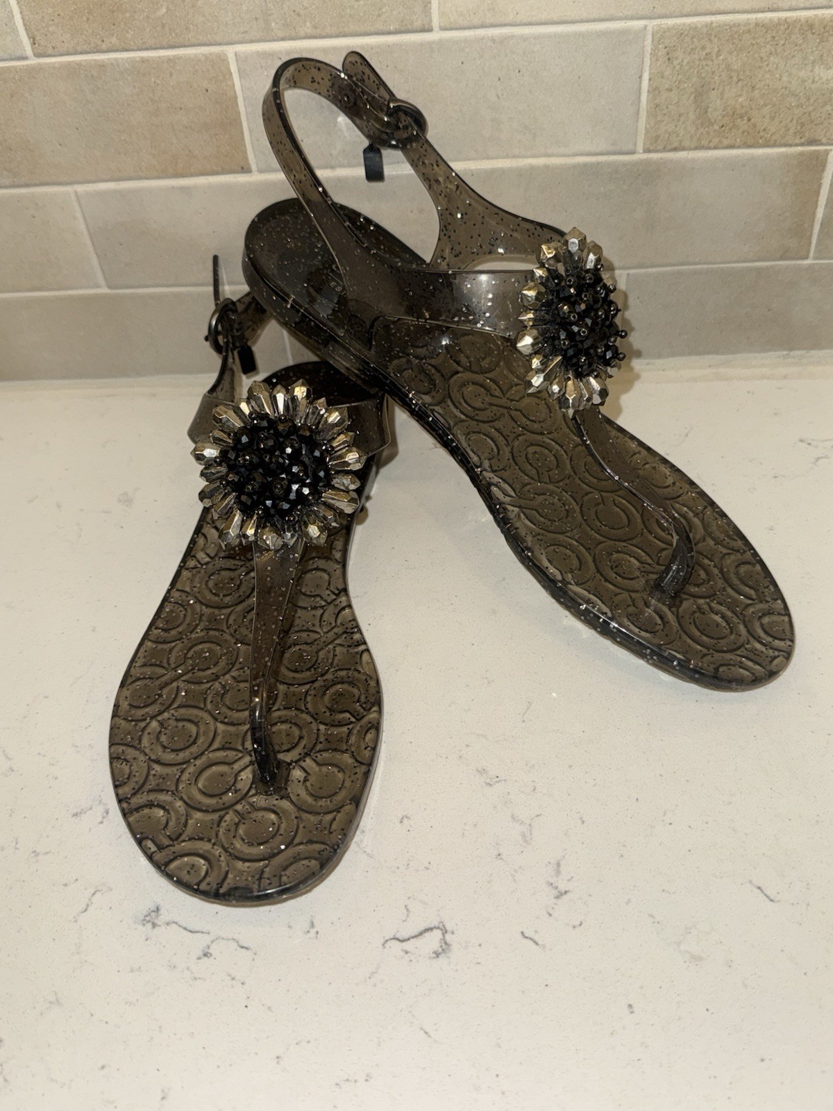 Coach Hilda Jelly Sandals Size 9 Black Embellished Glitter Designer Resortwear