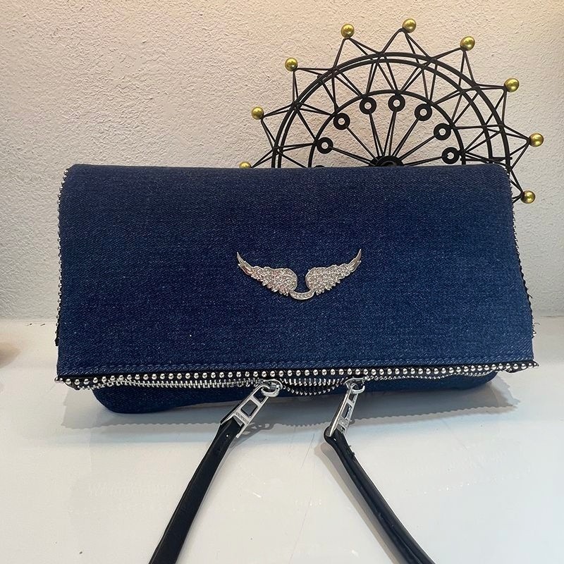Zadig & Voltaire Rock Wing Blue Denim Bag Silver Studded Crossbody Big 27x15cm