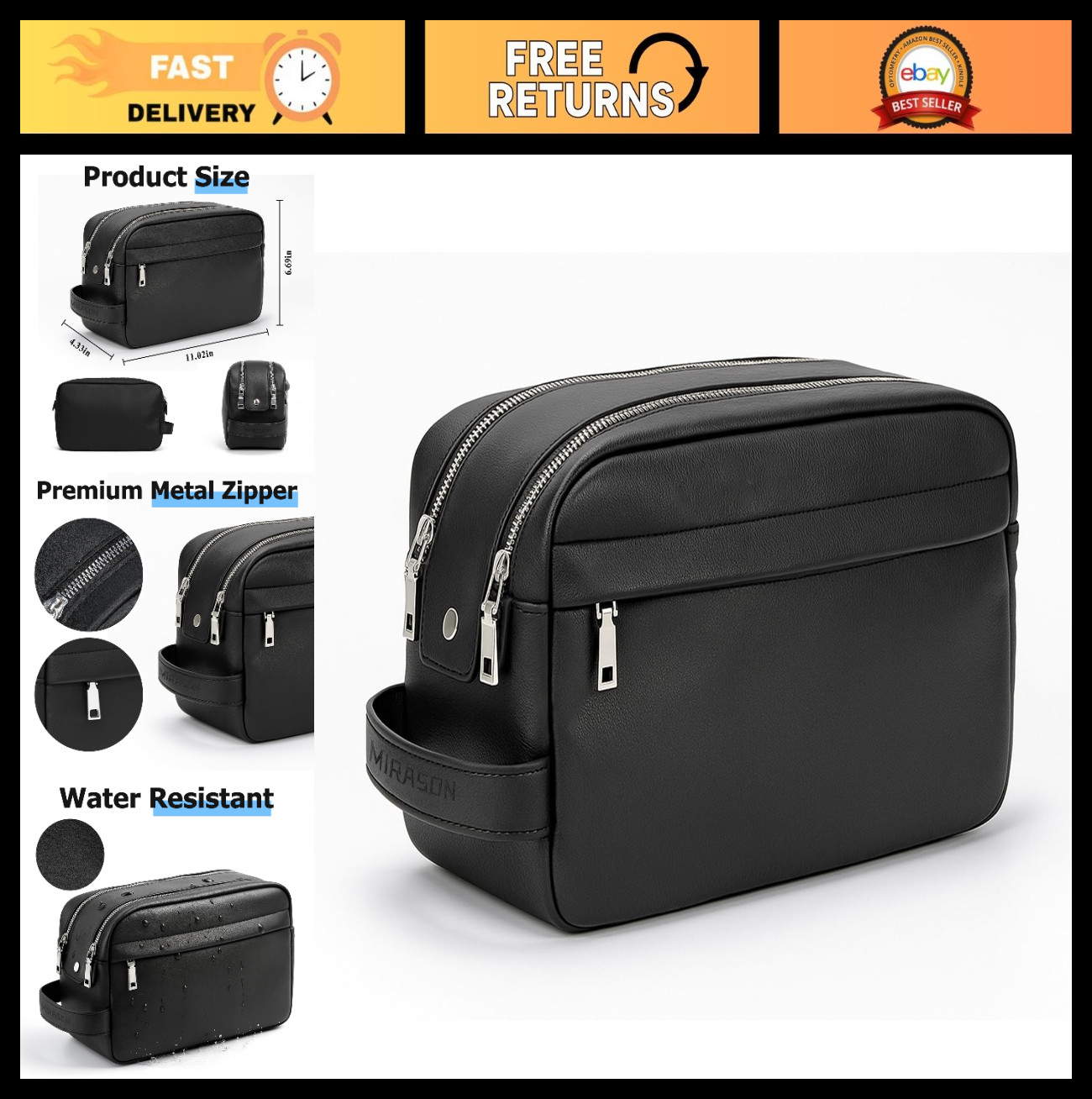 Men’s Leather Travel Toiletry Bag – Water-Resistant Dopp Kit with Metal Zippers,