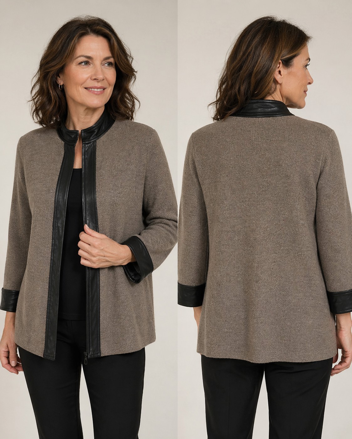 Doncaster 100% Wool Sweater Leather Trim 3/4 sleeve taupe Zipper Cardigan jacket