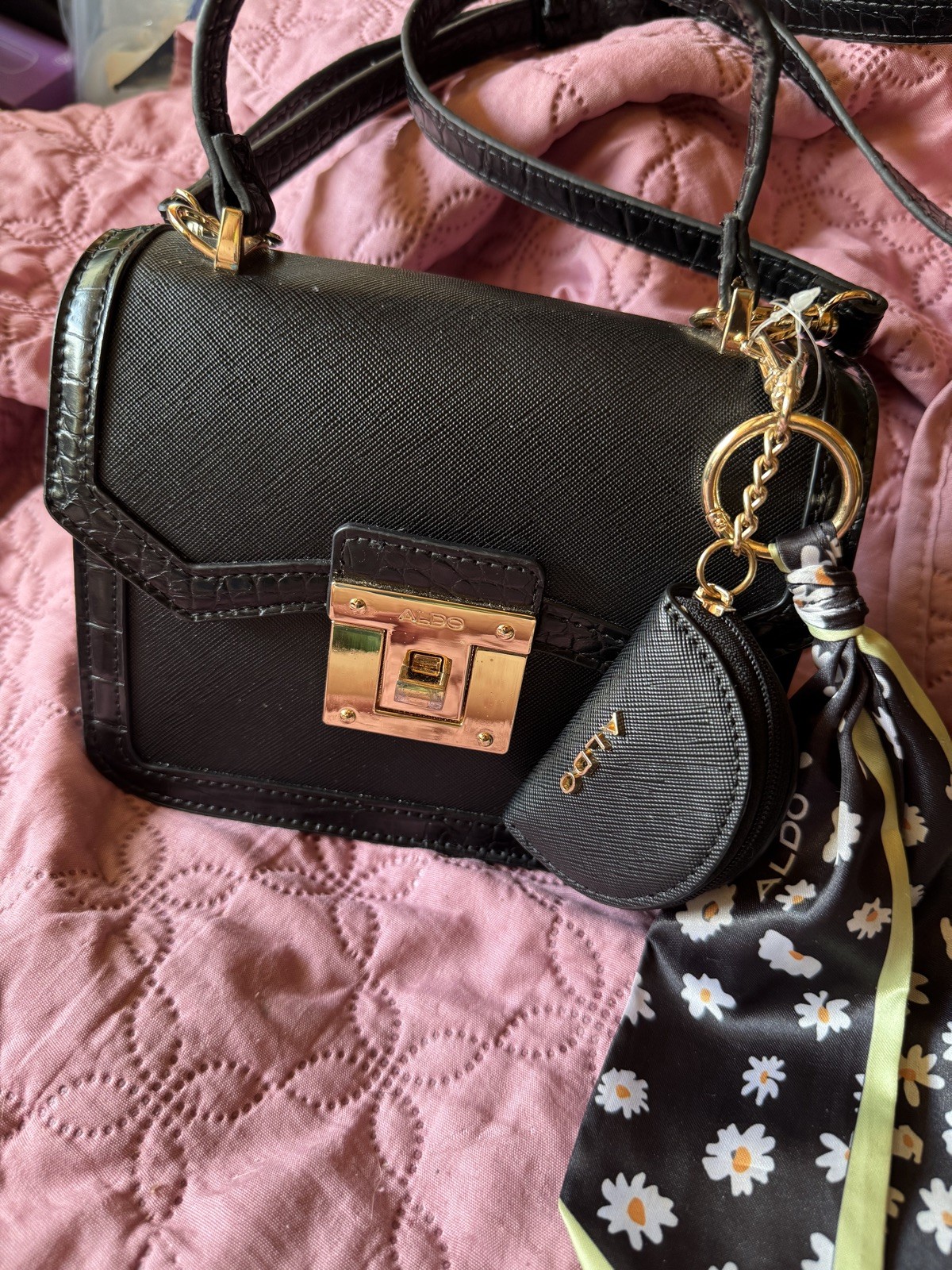 Aldo Black Leather Mini Satchel Handbag with Gold Accents & Change Purse