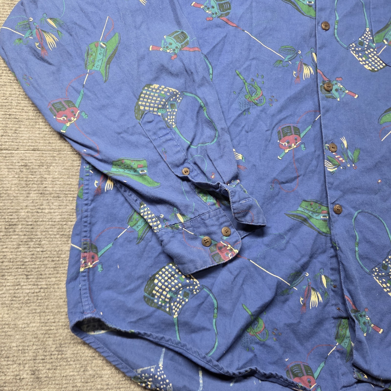 Vintage GAP Fishing Fisherman Print Button Down Mens Shirt Rod Reel Tackle Sz XL