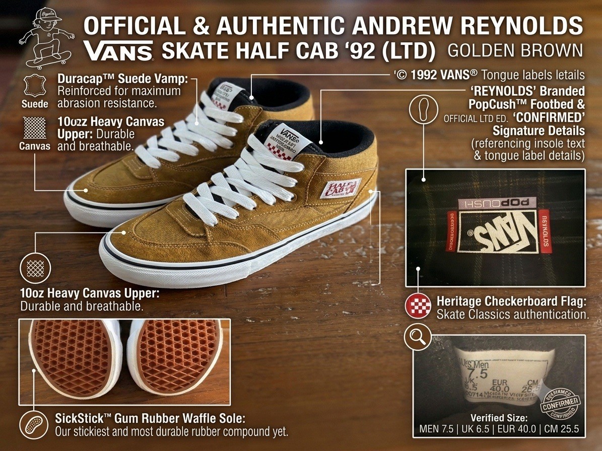 Vans Skate Half Cab 92 Andrew Reynolds Golden Brown Suede Men Size 7.5 Sneaker