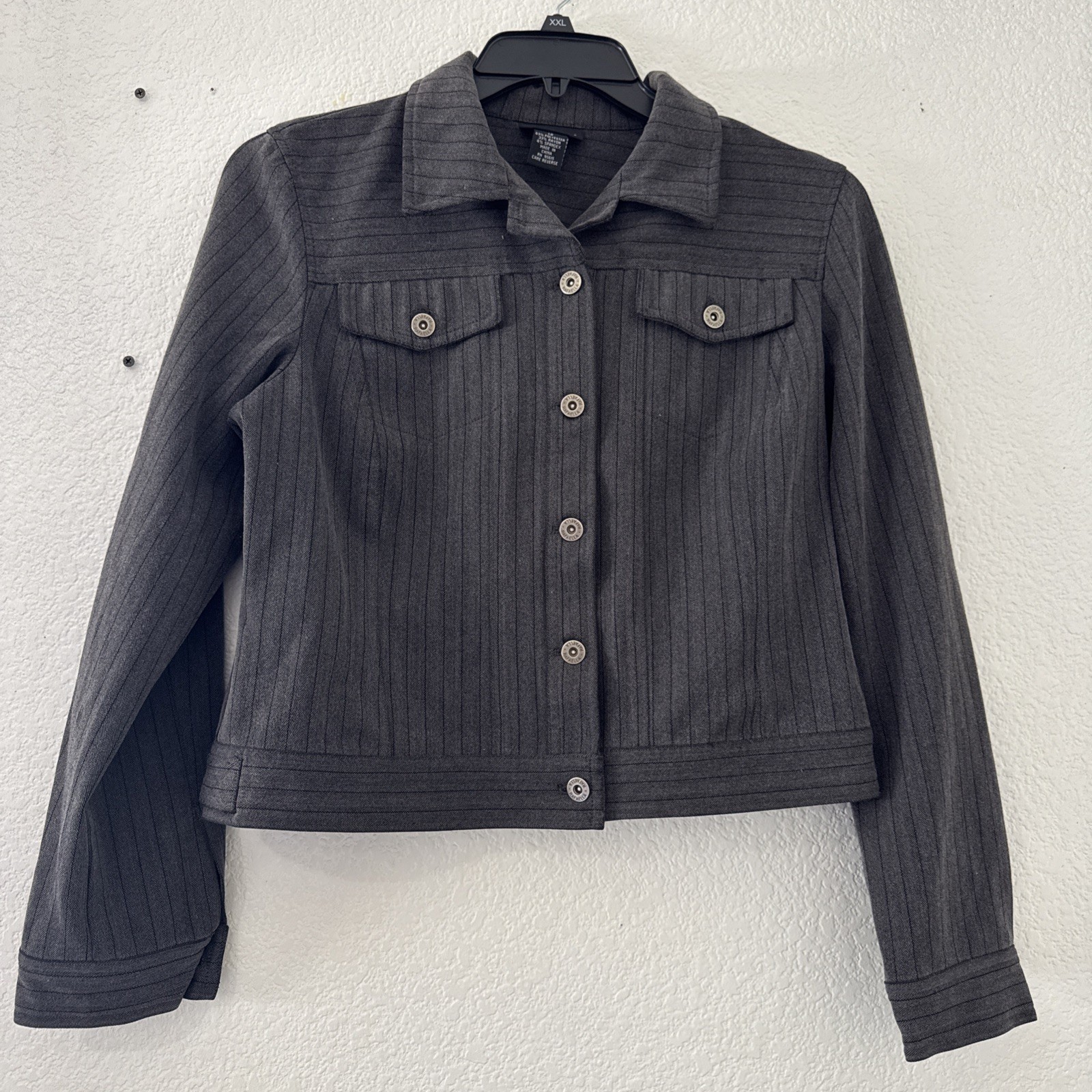 Rafaella Gray/Black Jacket Pockets Long Sleeve Size 10 Button Up Collar