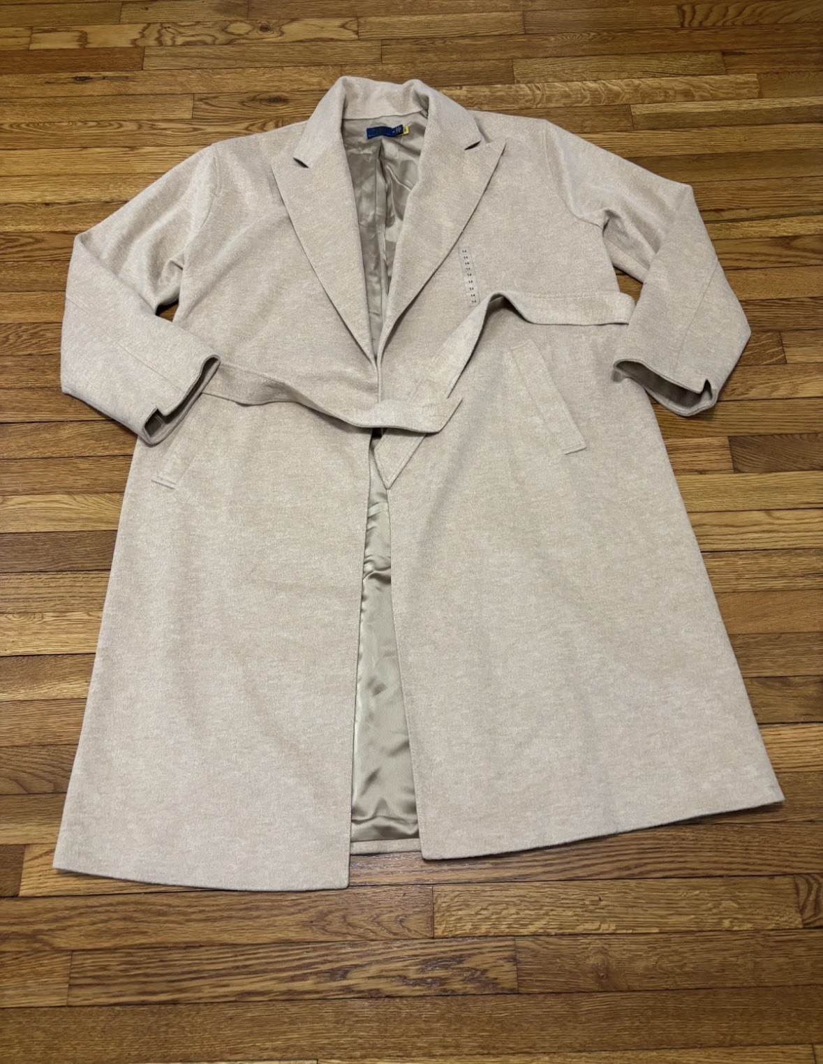 Polo Ralph Lauren Womens Open Front Belted Trench Coat Sz 14 Beige Wool NWOT
