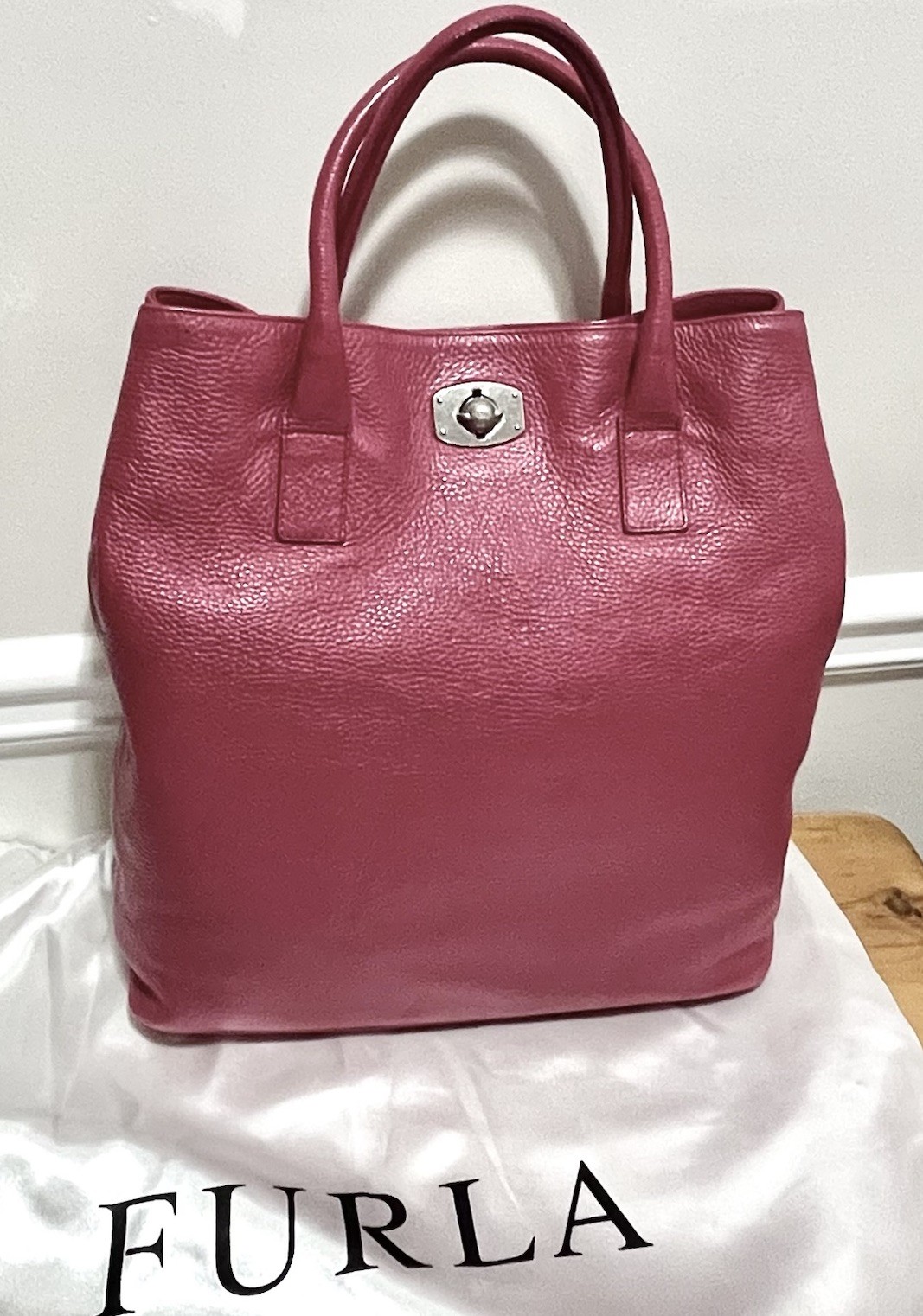 FURLA Appaloosa Bag Raspberry/Dark Pink Pebbled Leather 14×12.5×5.5” Large EUC